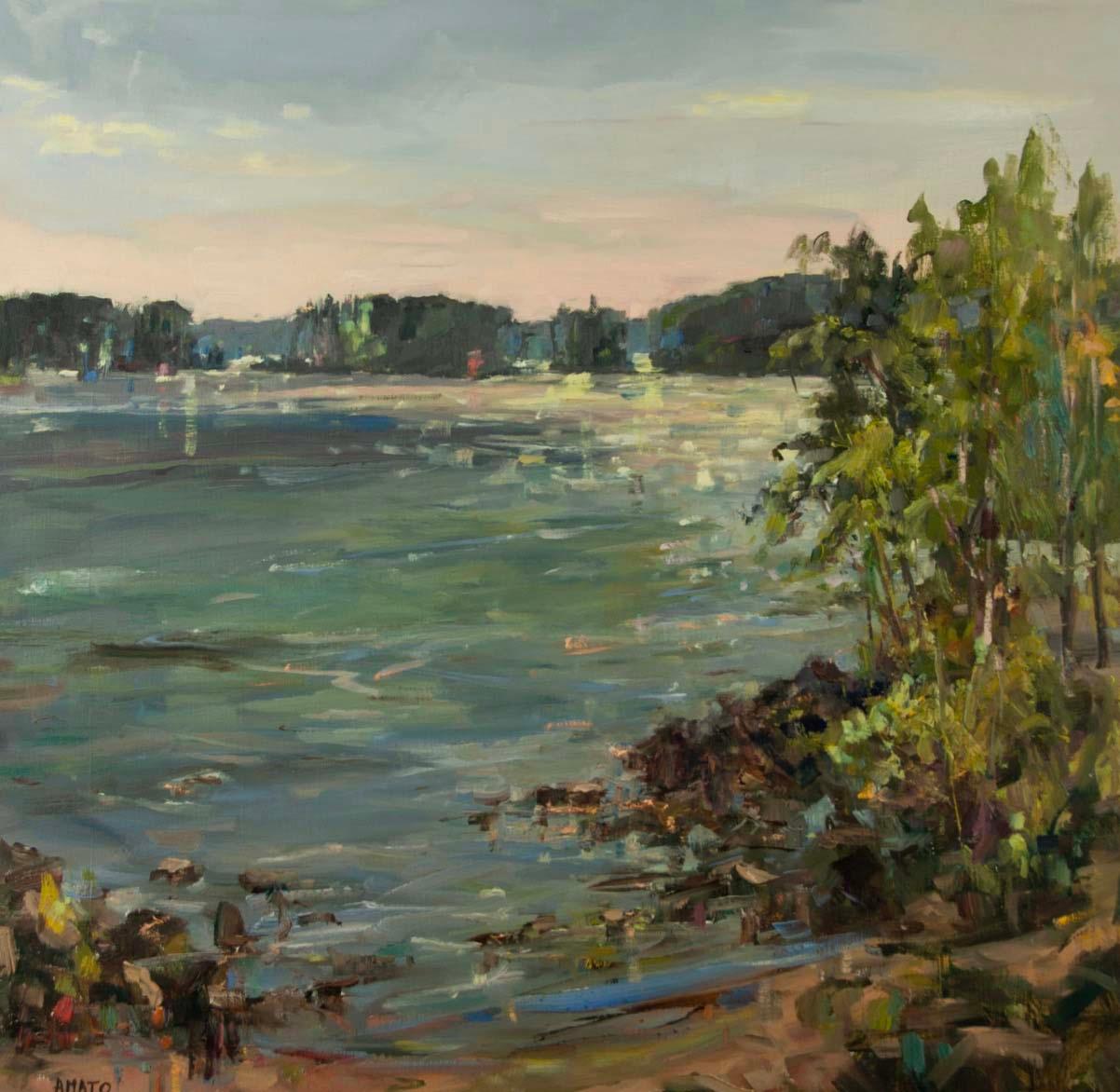 Stephanie Amato, “River Glow” — Contemporary Landscape Oil Painting, 24” x 24” (Framed 25.5” x 25.5”)

Bring a sense of calm and natural beauty to your space with River Glow by Stephanie Amato. This original oil painting on stretched linen captures