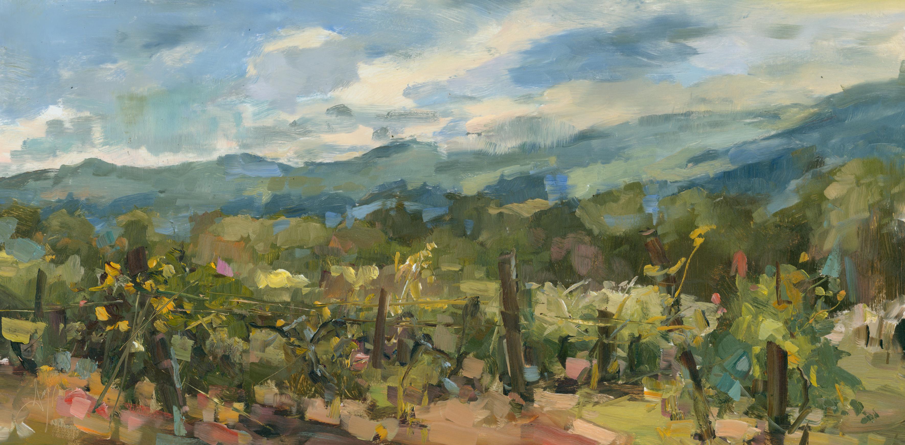 Stephanie Amato - Vistas del viñedo - Pintura al óleo original sobre panel

Escápate al campo con Vistas del viñedo, un impresionante óleo sobre panel de 12 x 24 pulgadas de la renombrada artista Stephanie Amato. Enmarcado en 14 x 26 pulgadas, este