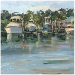Orilla del agua by Stephanie Amato, Pequeño cuadro al óleo enmarcado en Marina, Barcos