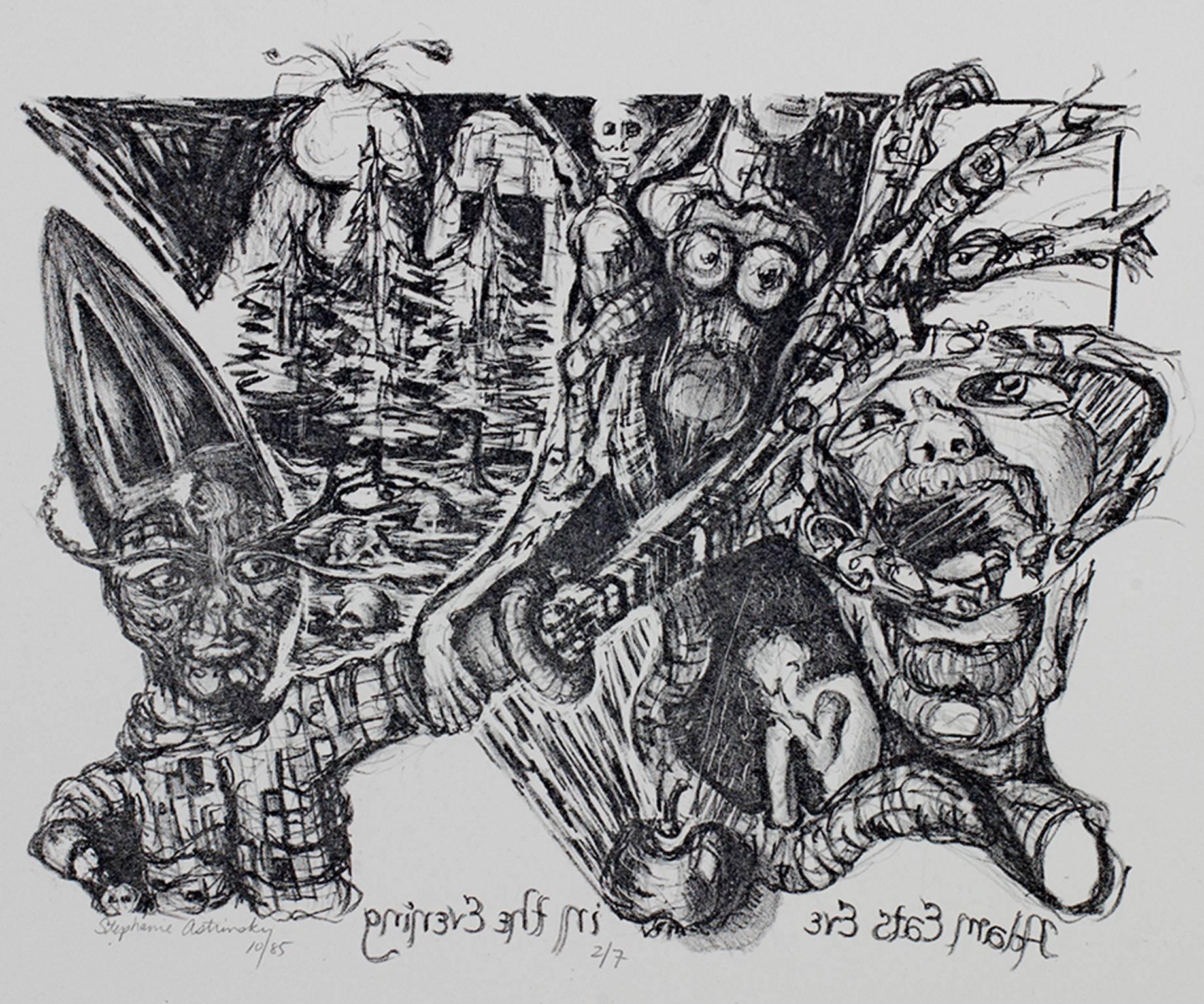 "Adam Eats Eve in the Evening" is an original black and white lithograph by Stephane Astrinsky. This surreal lithograph evokes a biblical story as well as elements of horror. 

9 1/4" x 11 1/2" art
19 3/8" x 23 3/8" frame