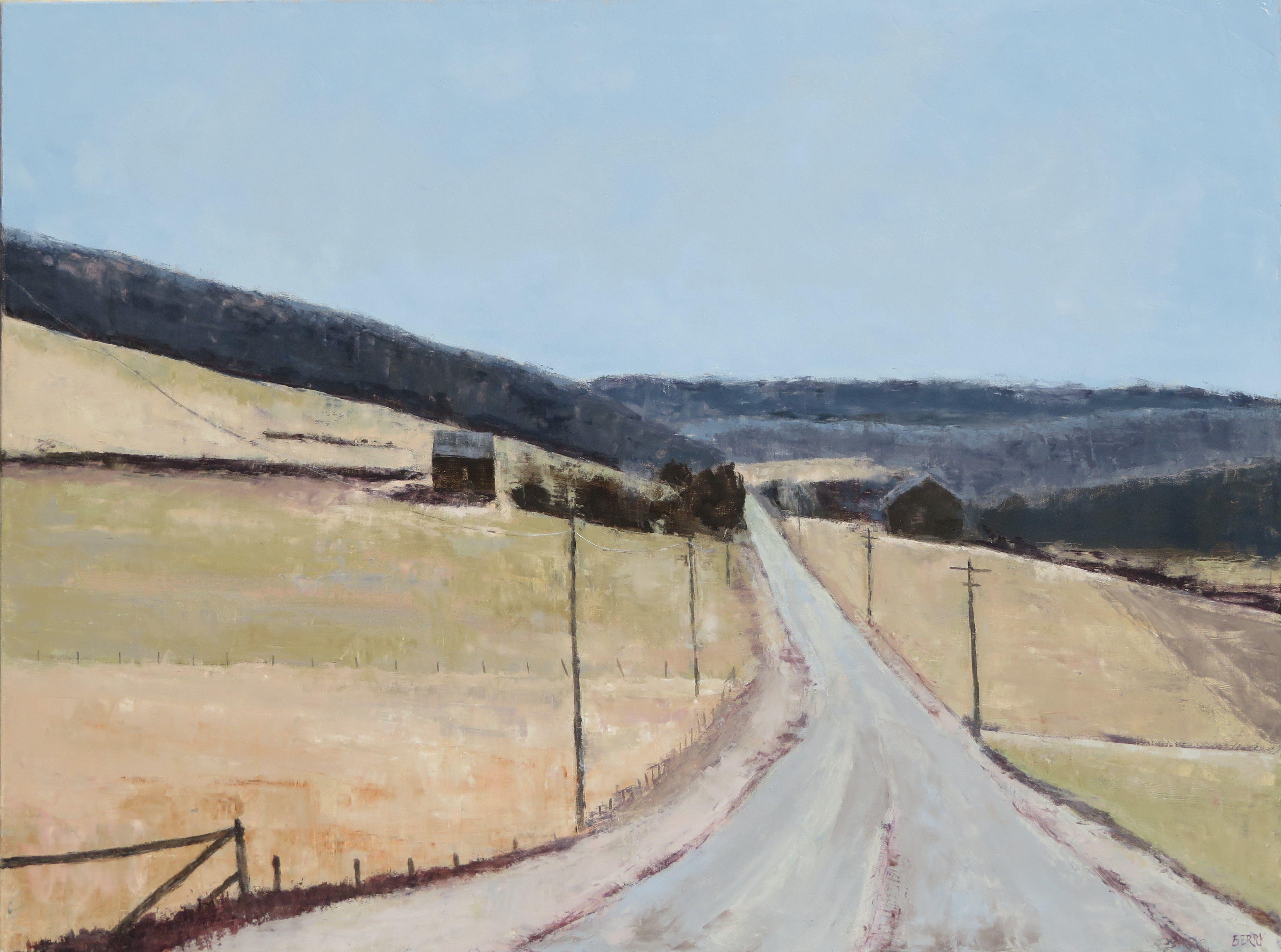 This road disappearing into the hills beckons us on.  This was done with quality oil paints and cold wax on stretched linen.  It is ready to hang. :: Painting :: Impressionist :: This piece comes with an official certificate of authenticity signed