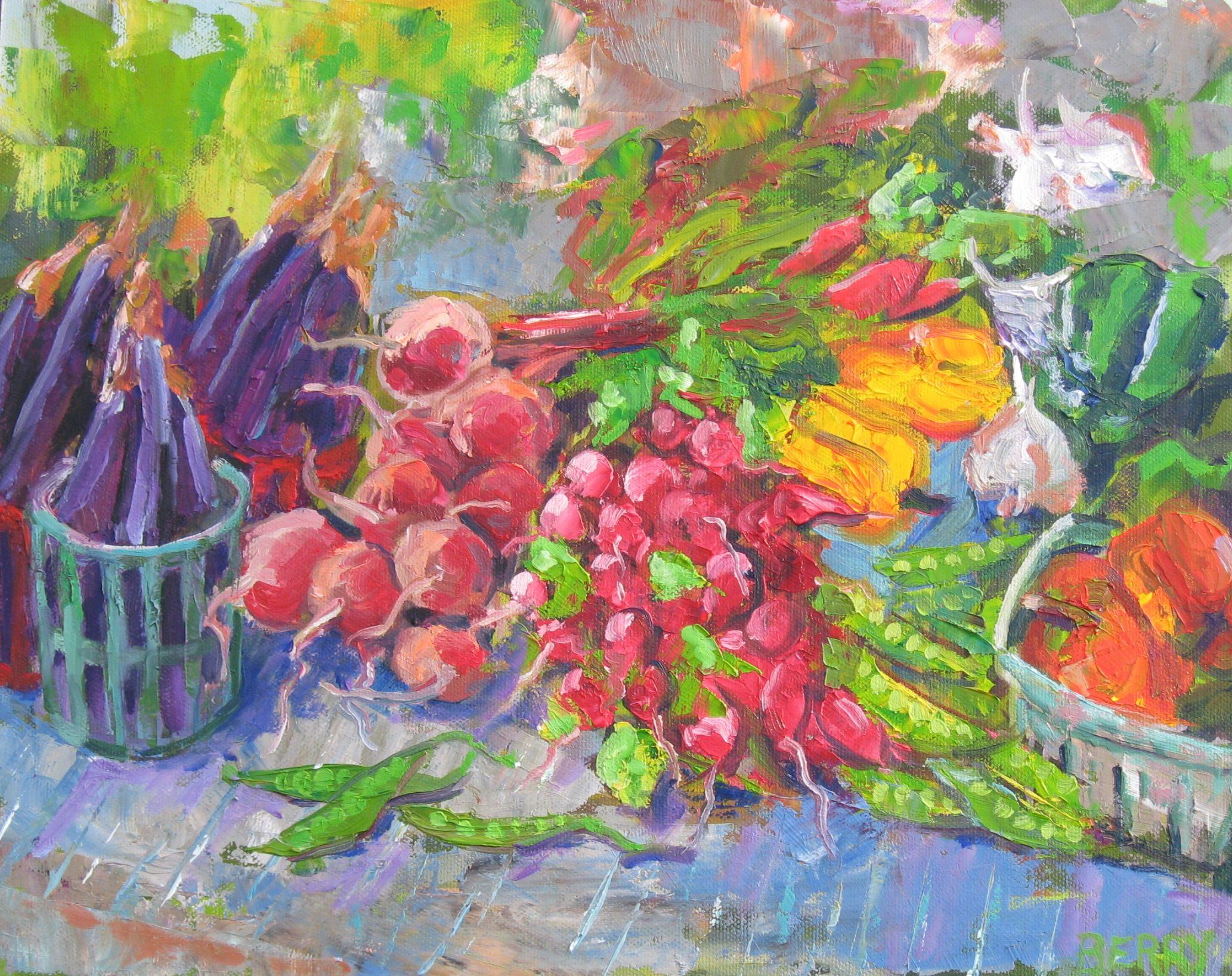 The vibrant display at farmers' markets is eye candy to me.  I love the little eggplants stacked in mini-baskets and the wide variety of colors.  This was done with quality oil paints on an archival RayMar panel and is framed in a simple gold frame.