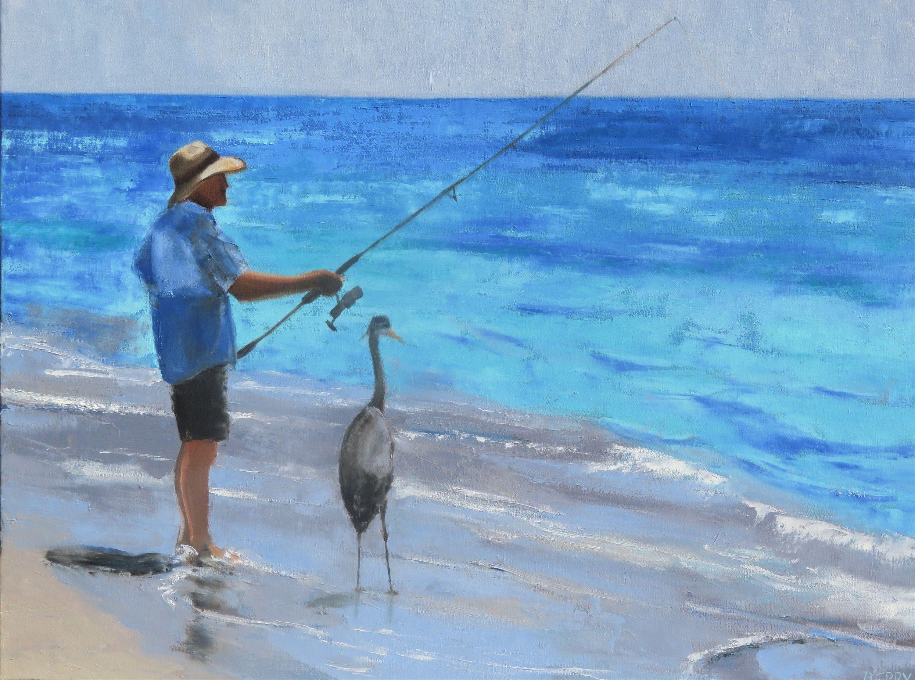 On the Florida Gulf shore birds often befriend regular fishermen.  It's pretty much a one-sided relationship as the bird wants a handout.  But the companionship of a wild bird must be fun.  This was done with quality oil paints on stretched linen.