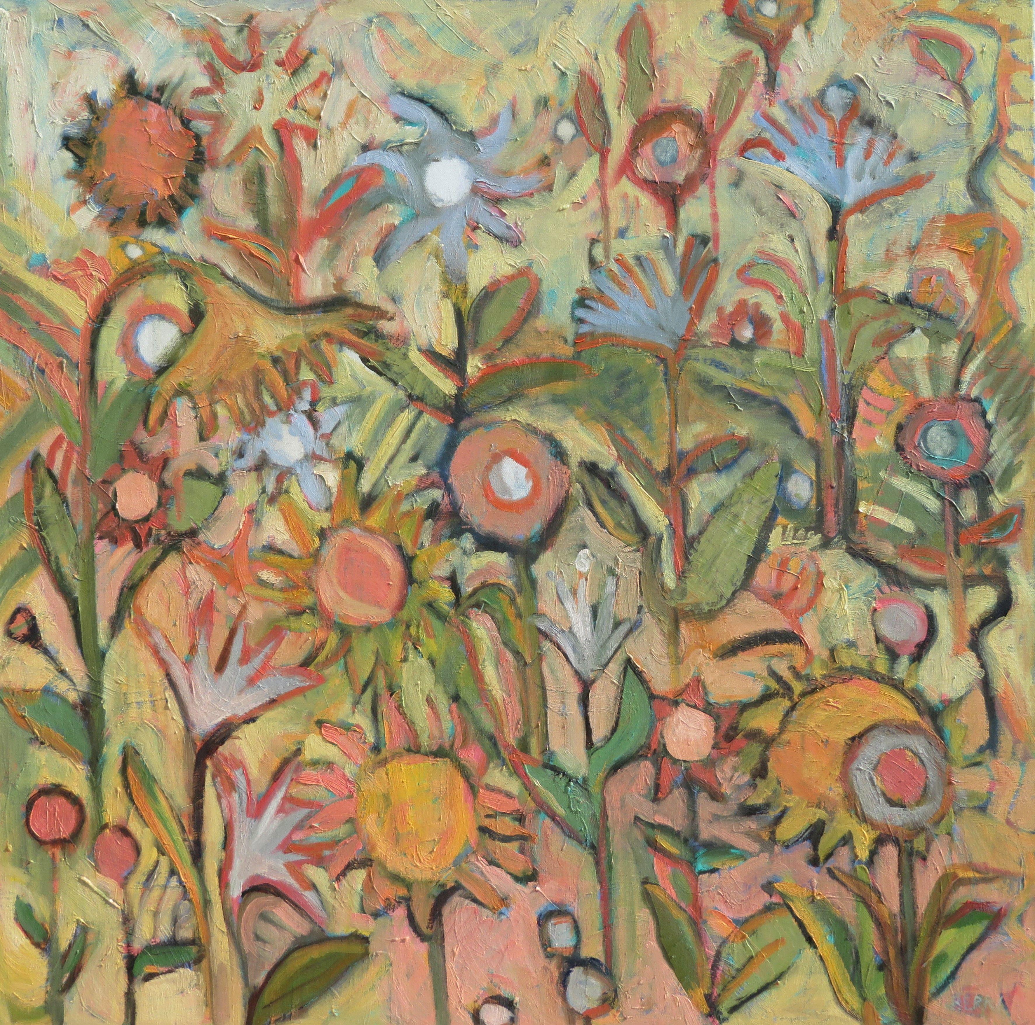 This mass of fun flowers was painted with quality oil paints and cold wax on stretched linen.  The edges are painted and it is ready to hang. :: Painting :: Contemporary :: This piece comes with an official certificate of authenticity signed by the