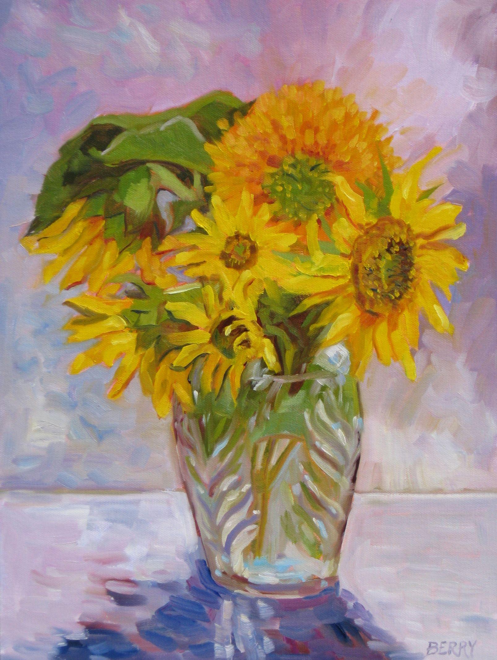 A bouquet of sunflowers always reminds me of Van Gogh.  This was done with oil paints on a RayMar panel and is framed in a lovely gold frame. :: Painting :: Impressionist :: This piece comes with an official certificate of authenticity signed by the