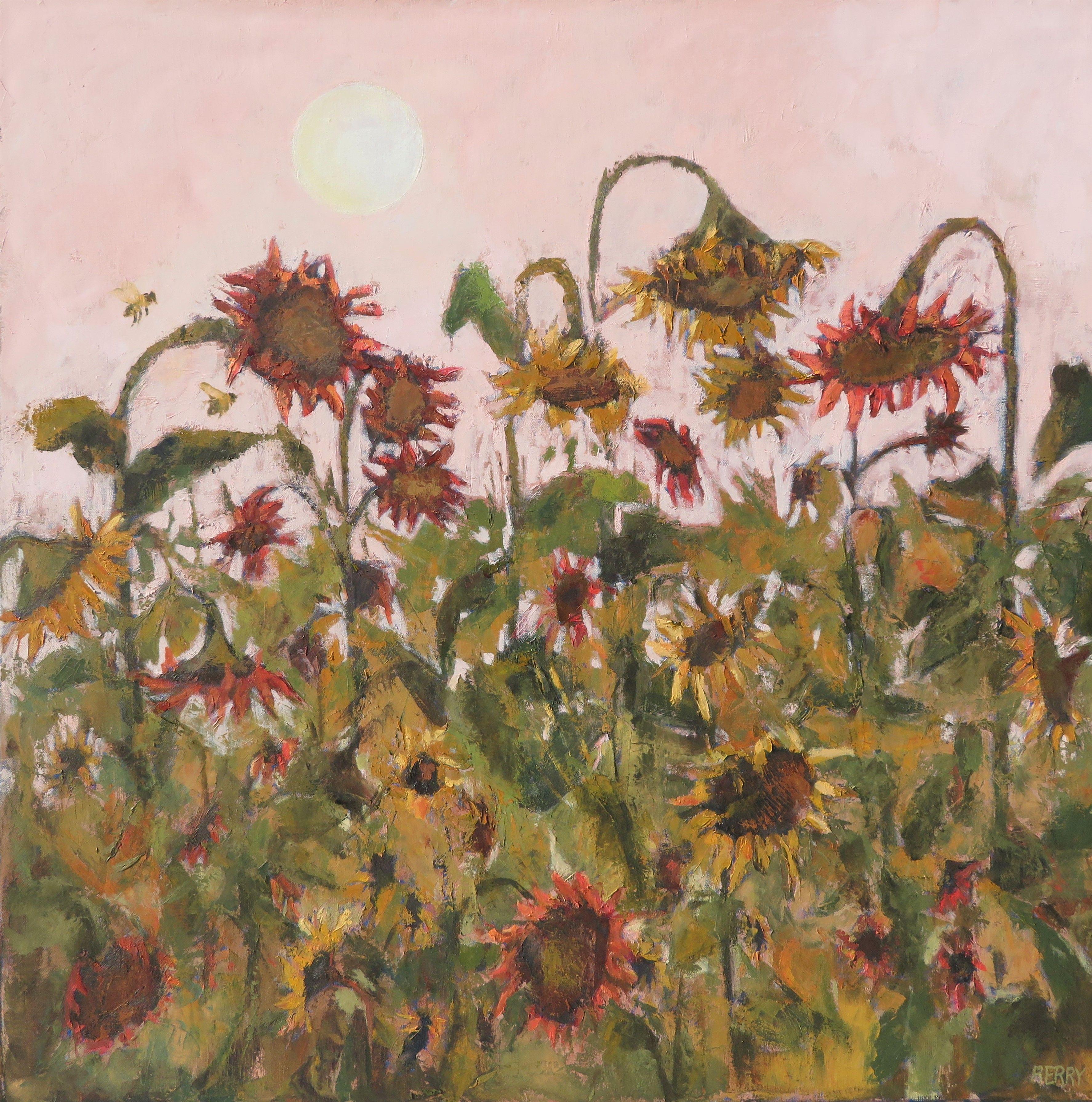 Sunflowers like to face the sun although their heads always seem to be nodding.  They offer food to the bees, squirrels, birds and deer.  Being tall doesn't protect them from being consumed.  This was done with quality oil paints on linen and is