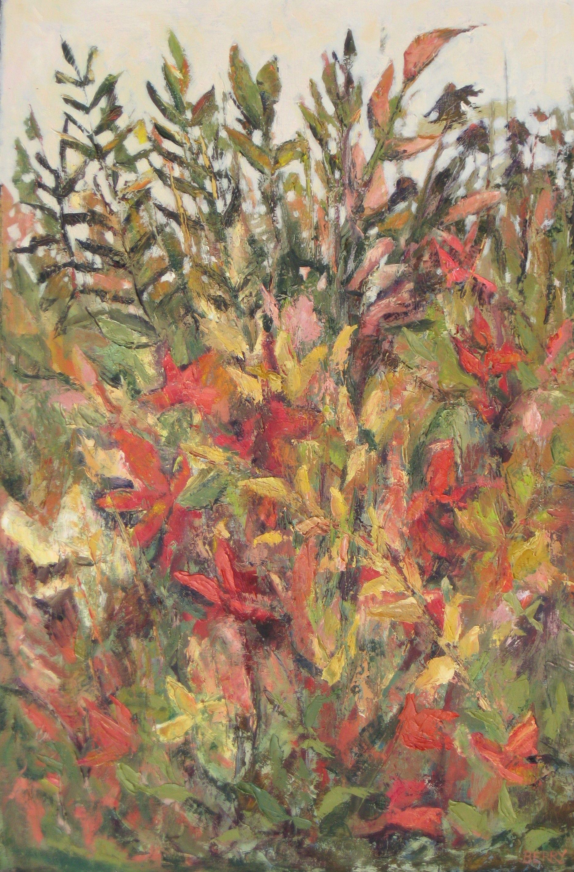 The garden seem to have a last vibrant burst of color in the fall.  It's the time of year I find the garden the most interesting.  This was done with quality oil paints and cold wax on a stretched linen canvas.  It may be hung without a frame. ::