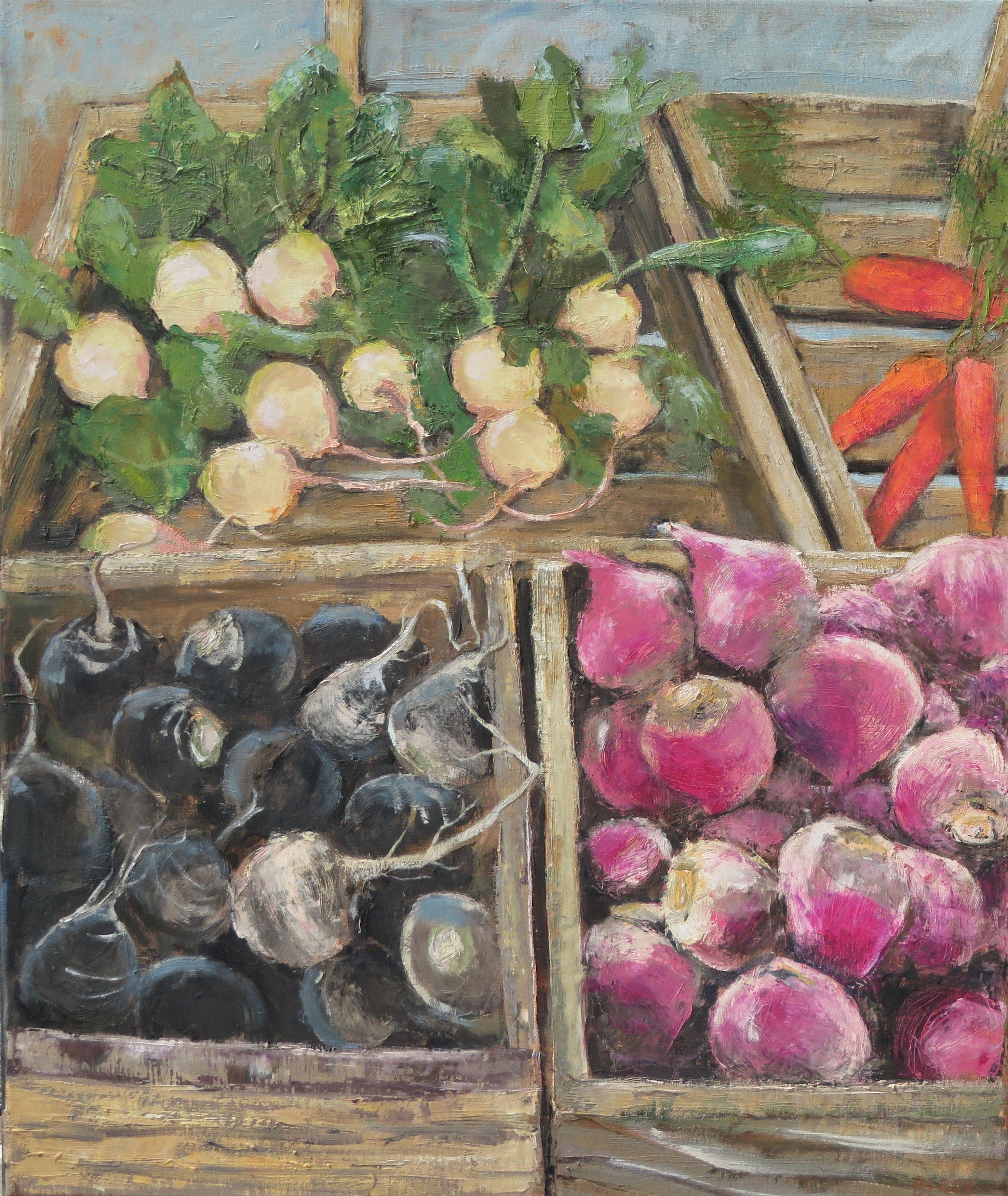 Black Spanish and Purple Diakons are the names of some of these Farmer's Market offerings.  They were crazy enough to inspire me to paint this picture of them.  This was done with quality oil paints and cold wax on linen. :: Painting :: Contemporary