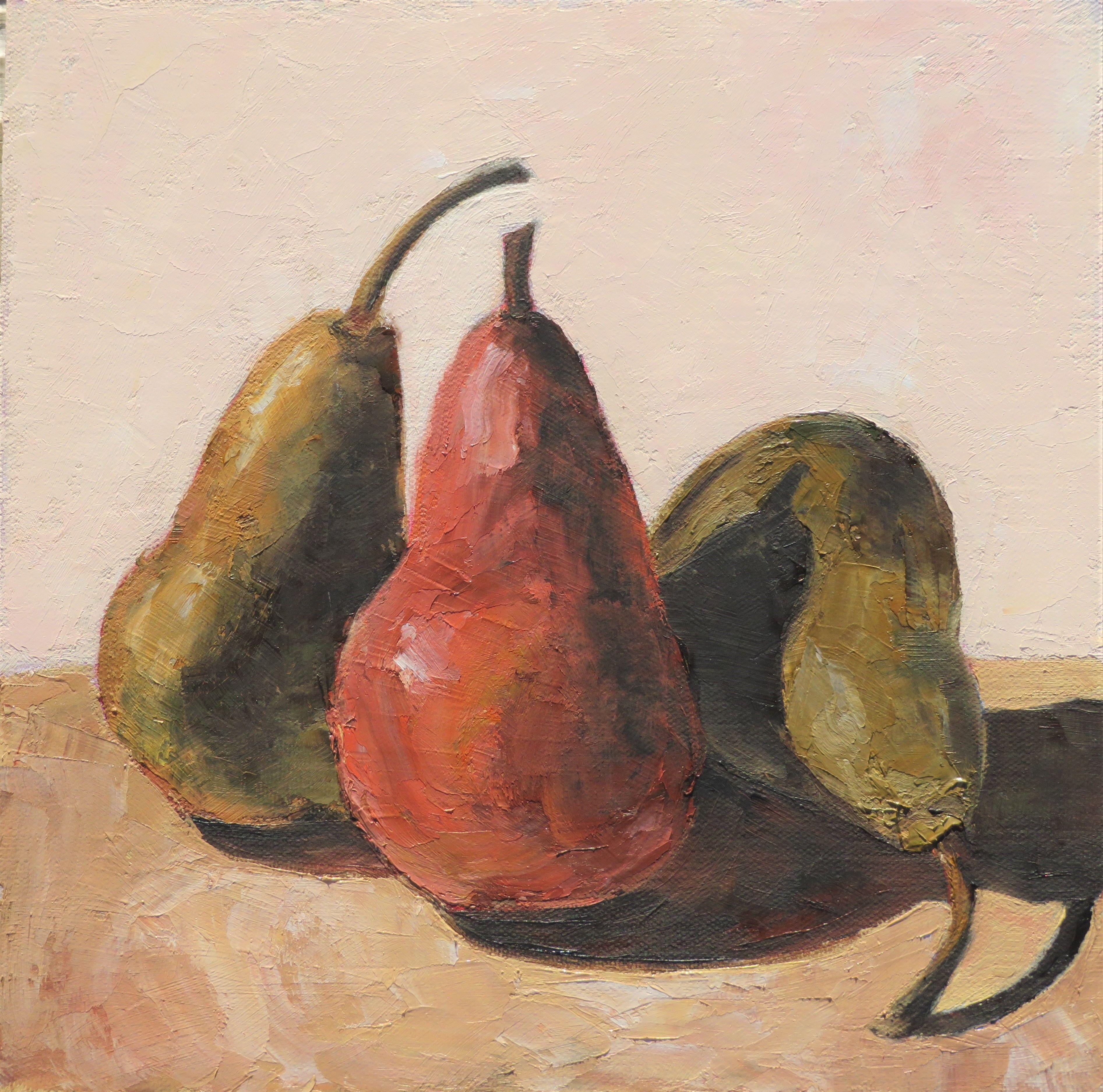 This simple still life of pears has a warm light to it.  One pear can't seem to stand up so rests comfortably on its side unconcerned that it's overshadowed.  This 10x10" painting was done with quality oil paints on a Raymar panel and is set in a