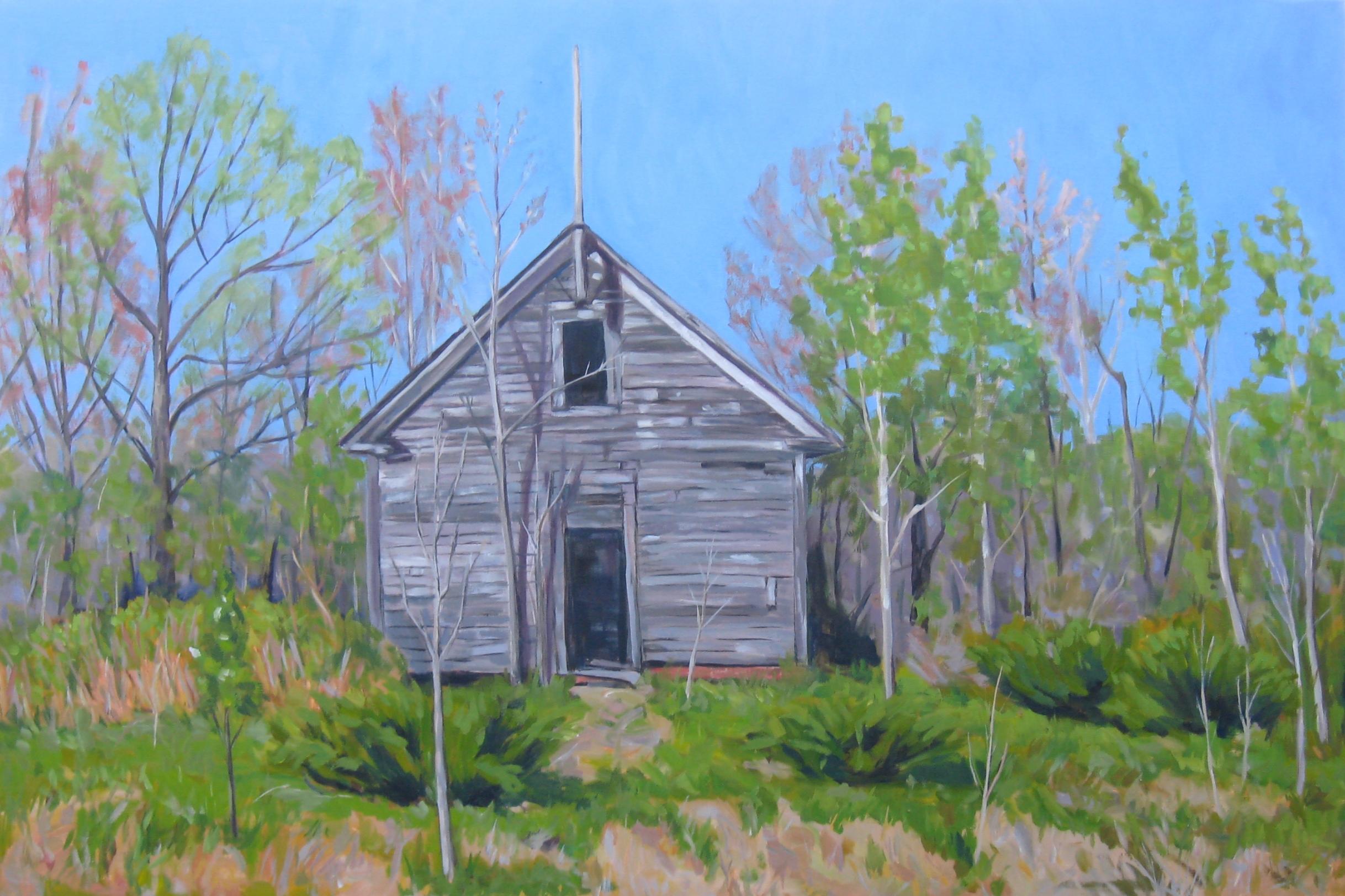 A weathered old Maine one-room schoolhouse painted on stretched linen ready to hang. :: Painting :: Impressionist :: This piece comes with an official certificate of authenticity signed by the artist :: Ready to Hang: Yes :: Signed: Yes :: Signature