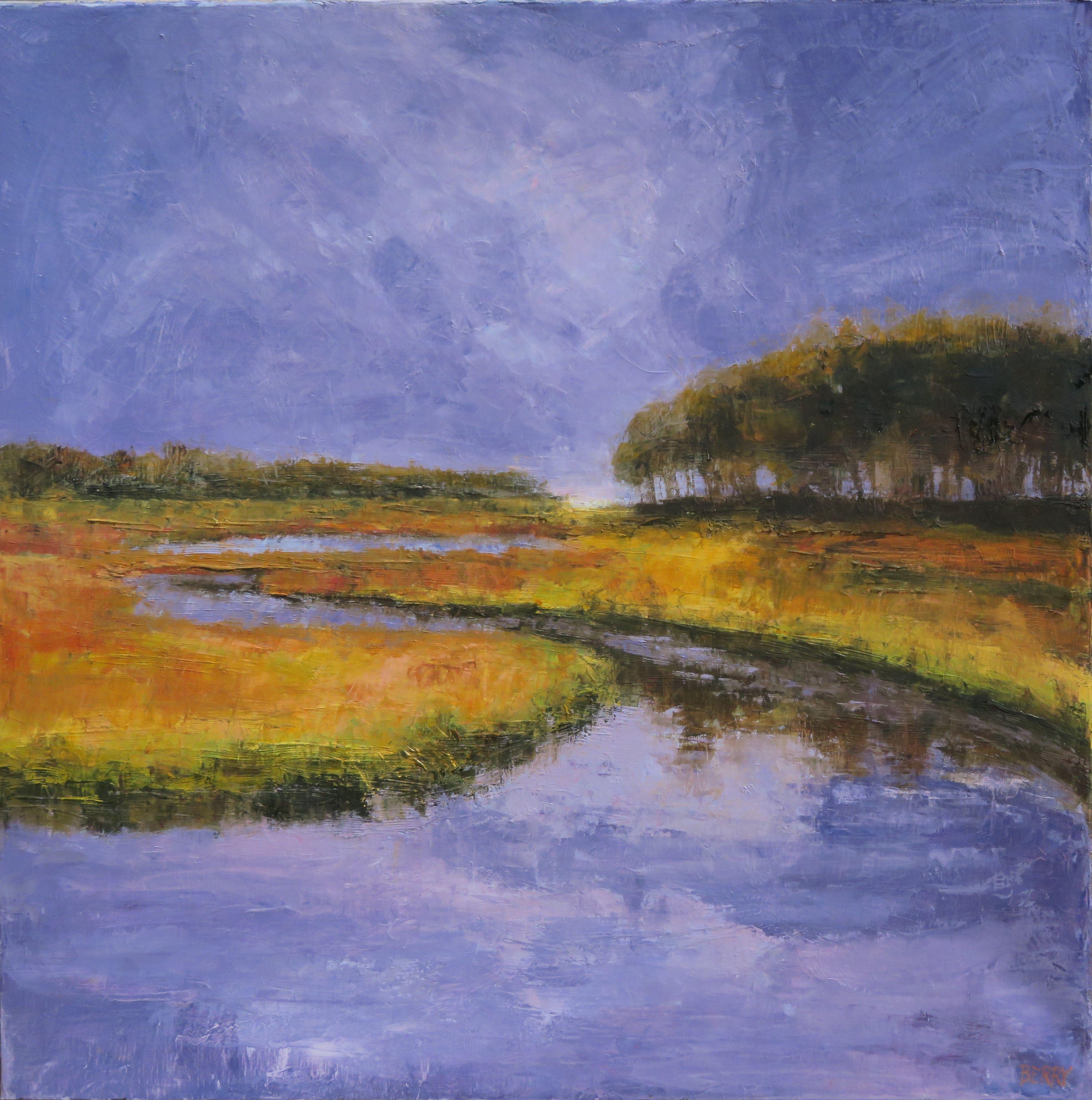 The Rachel Carson Reserve is a lovely tidal marsh area that is home to a variety of ocean life, birds and wildlife.  The lazy river that runs through it to the ocean changes with the tides.  This was done with quality oil paints and cold wax on