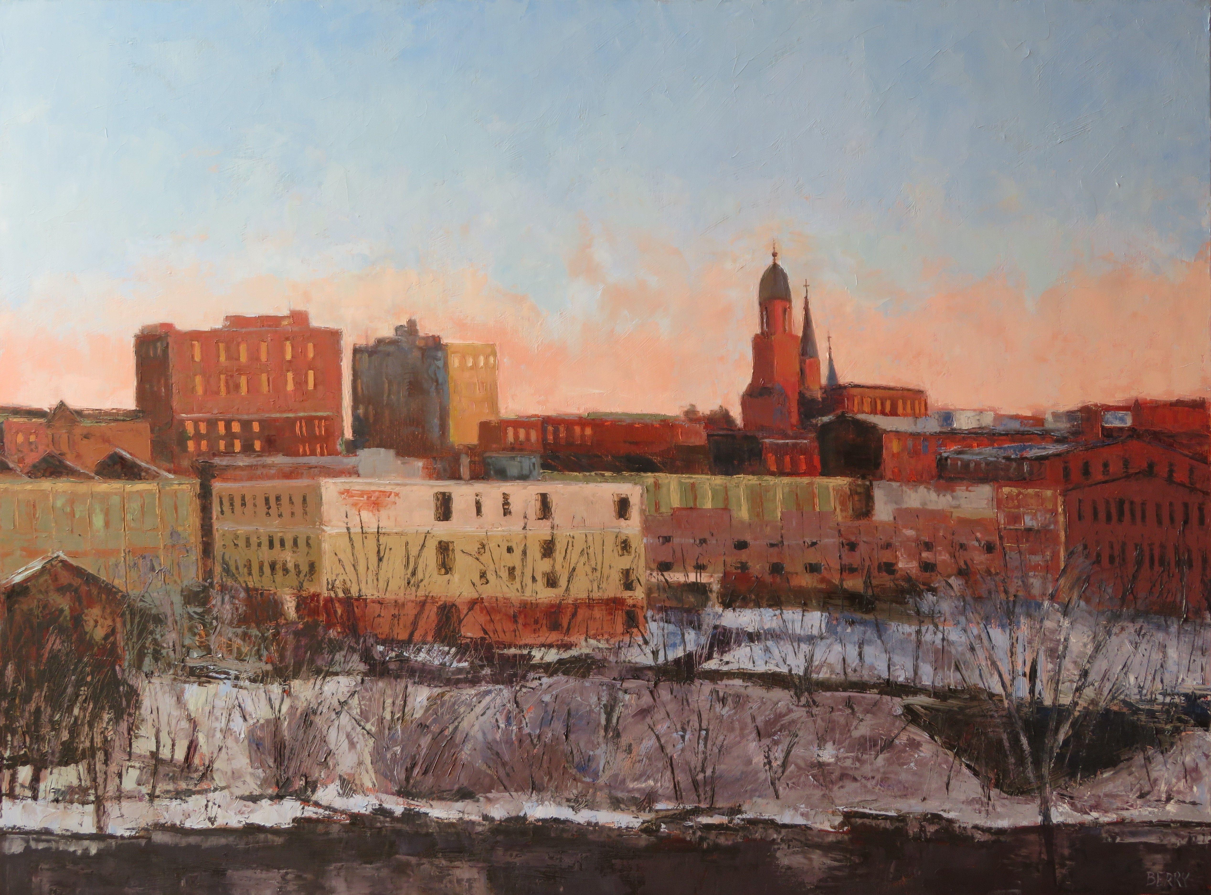 The Maine city of Lewiston has a skyline of new and old buildings, most of which are brick.  The setting sun seems to highlight the brick and gives it all a glow.  This was done with oil paints and cold wax on linen and is ready to hang.   ::