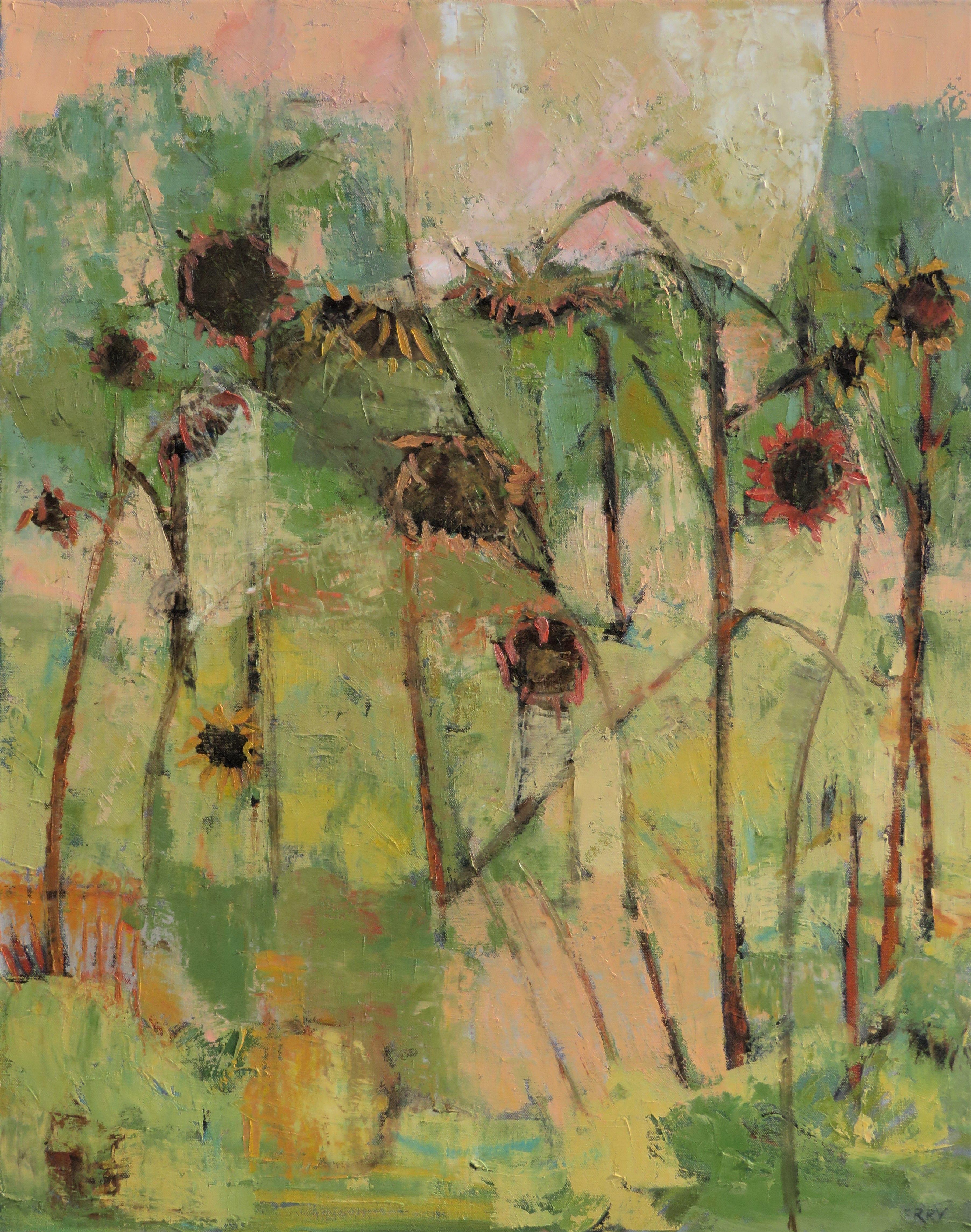 Jardin de tournesols, peinture à l'huile sur toile - Painting de Stephanie Berry