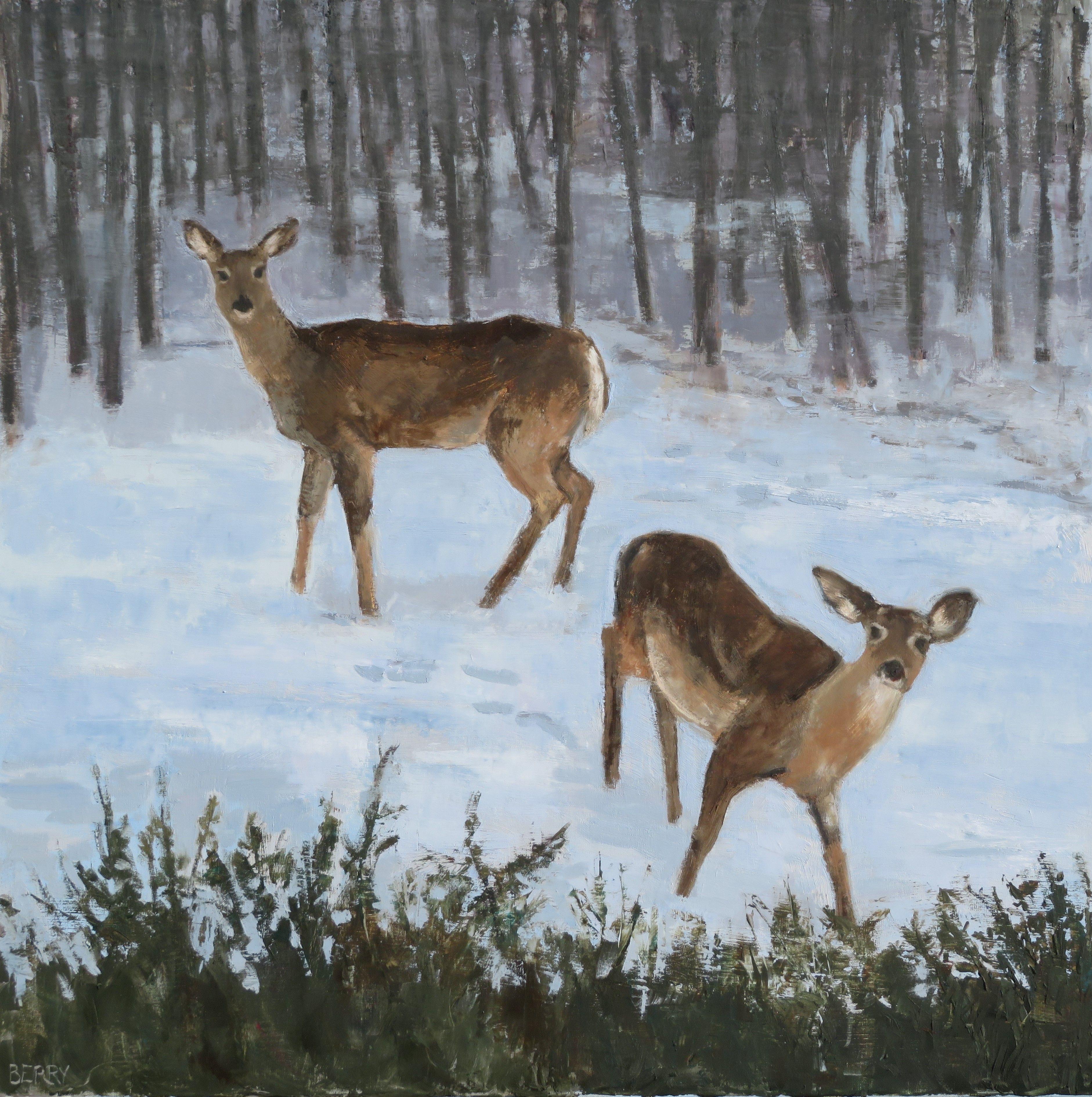The winter buffet for the neighborhood deer includes our yew bush.  Who knew it would be tasty?  This was painted with quality oil paints and cold wax on linen.  The edges are painted and it may be hung without a frame. :: Painting :: Contemporary