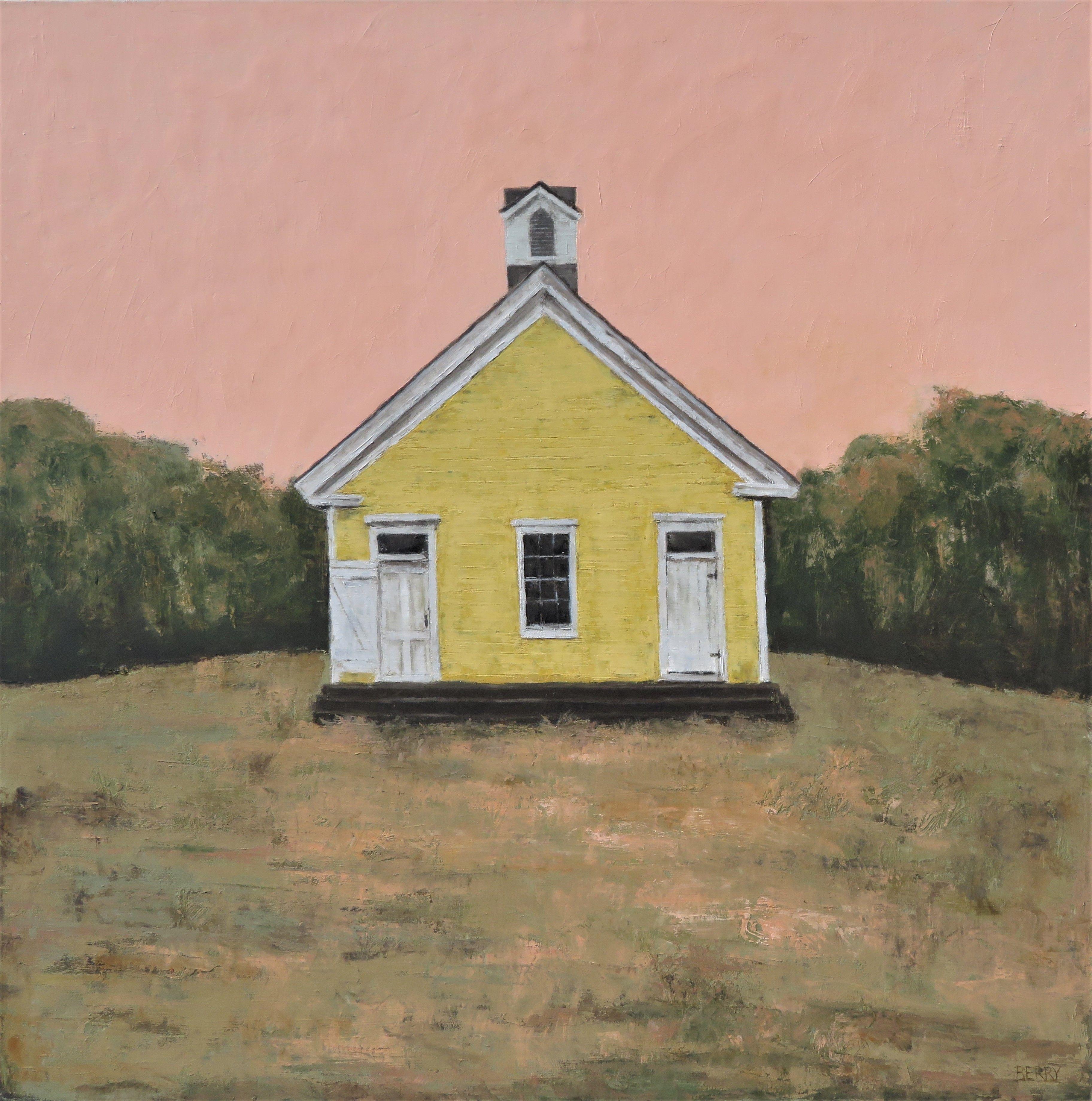 This painting is based on an old schoolhouse called Sound Schoolhouse on Mount Desert Island, Maine.  It's been restored and is now a museum.  The double doors and size indicate that several children went there.  A long time ago there was a very