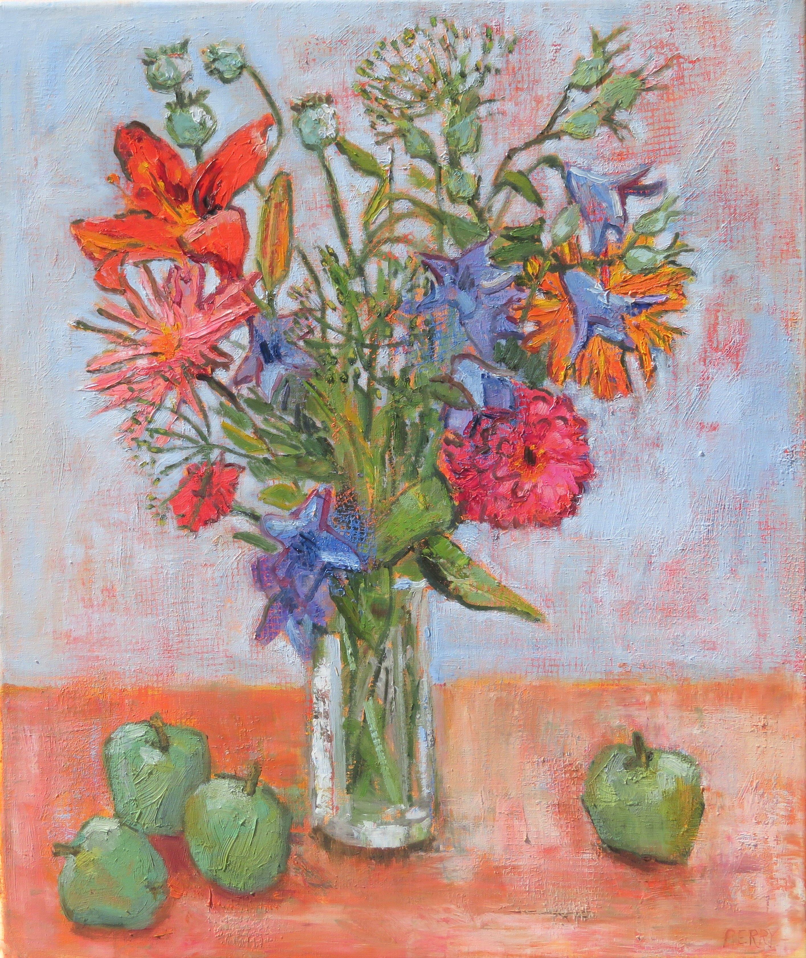 This colorful home-grown bouquet painting was done with quality oil paints and cold wax on stretched linen.  The edges are a pale orange and it may be hung without a frame.   :: Painting :: Impressionist :: This piece comes with an official