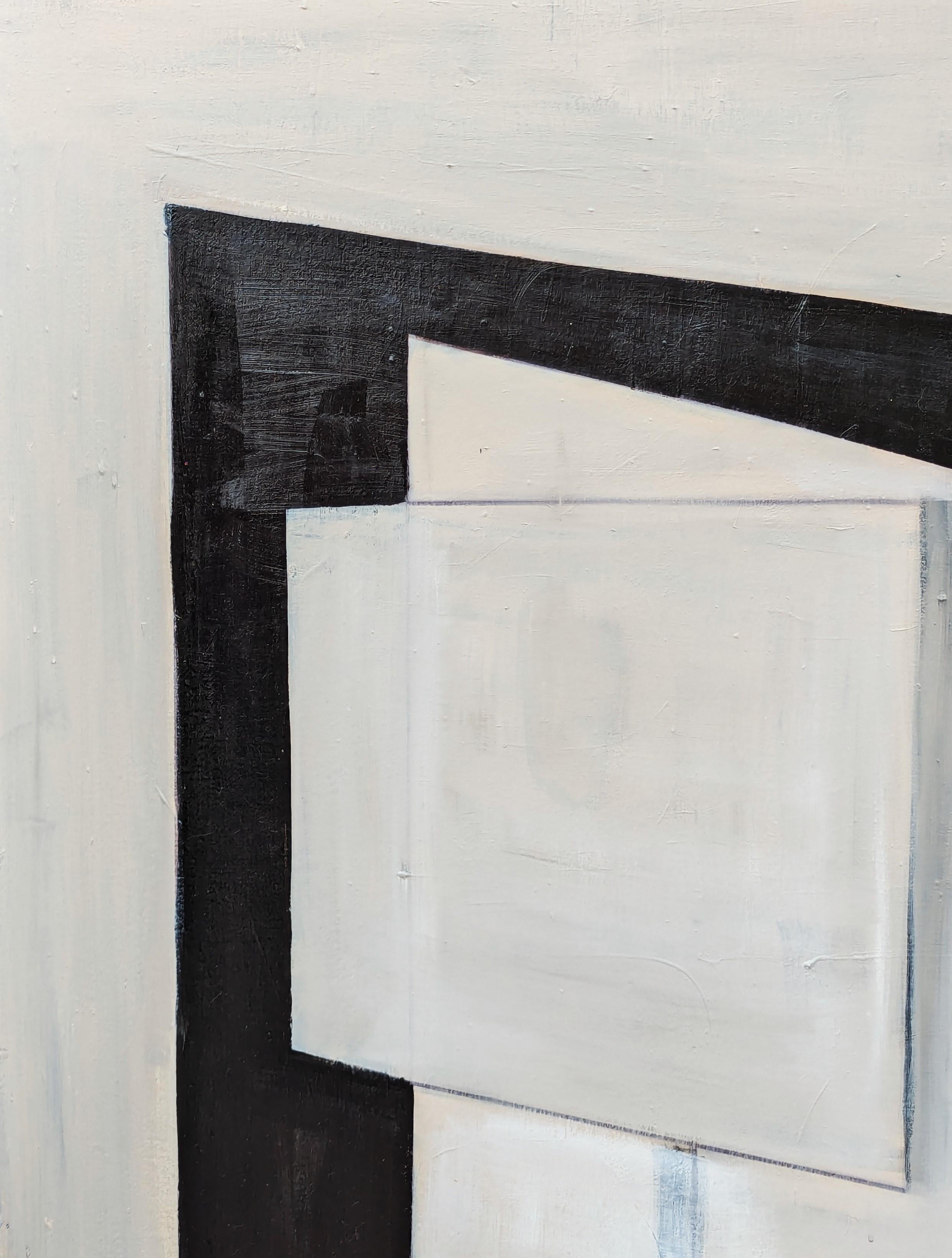 Peinture abstraite géométrique de l'artiste contemporaine Stephanie Beukers. L'œuvre présente des couches de formes arrondies en noir et en beige sur un fond clair. Signé et titré au verso. Actuellement non encadré, mais des options sont