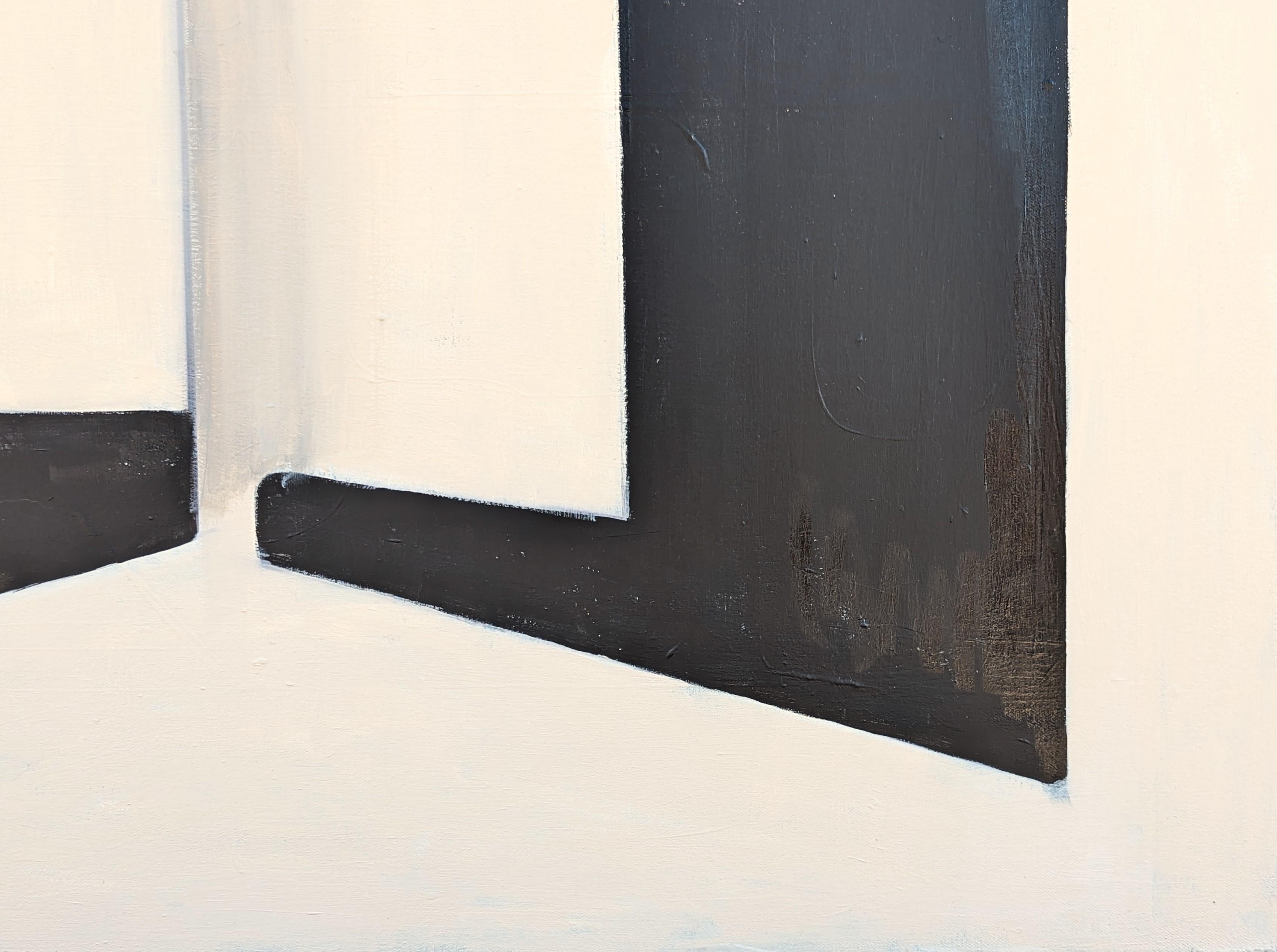 Quadro astratto geometrico dell'artista contemporanea Stephanie Beukers. L'opera è caratterizzata da strati di forme spigolose in nero e marrone su uno sfondo chiaro. Firmato e intitolato sul retro. Attualmente non è incorniciato, ma sono