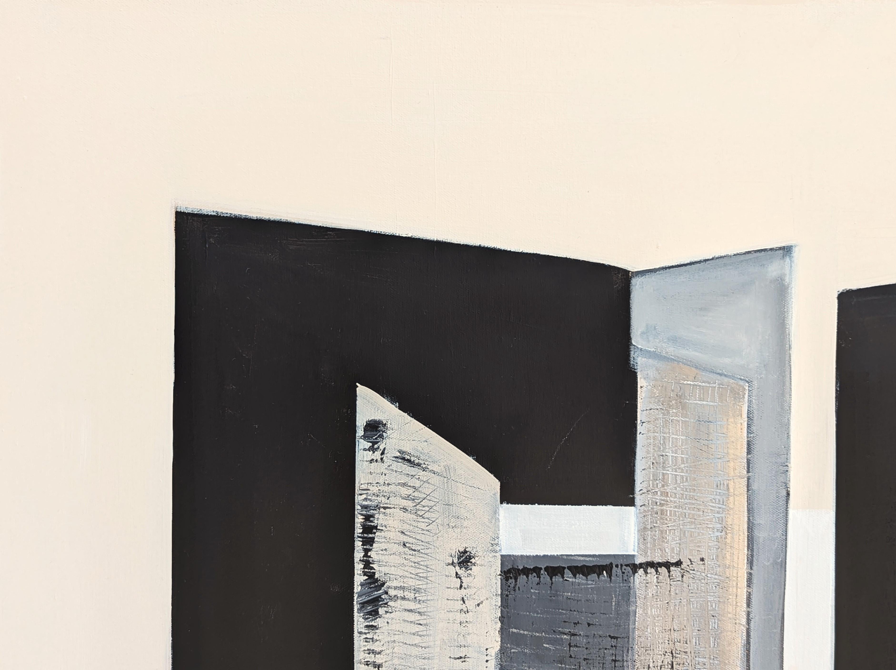 Pittura contemporanea astratta geometrica dai toni neutri in nero, grigio e marrone - Painting Astrattismo geometrico di Stephanie Beukers