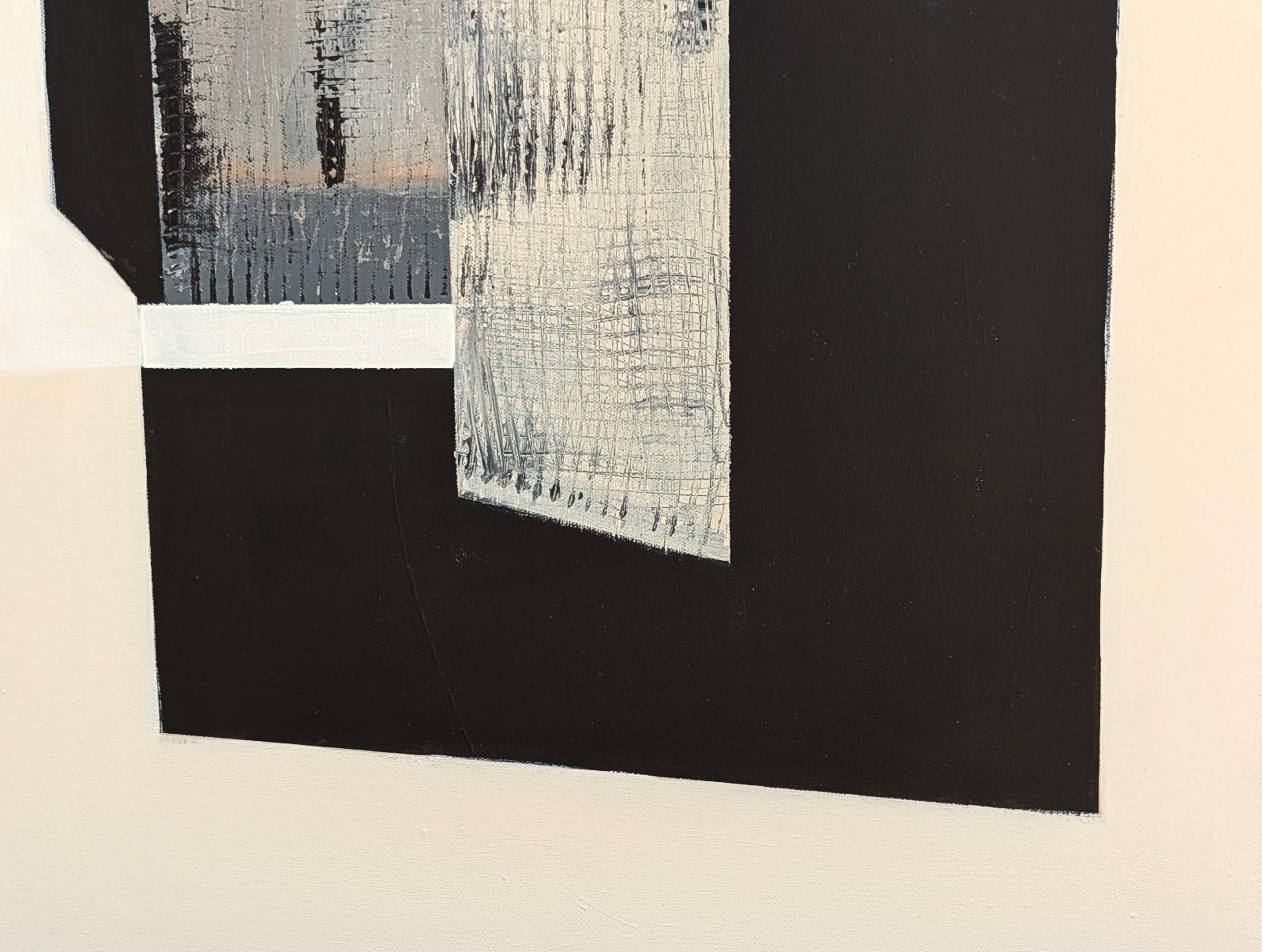 Quadro astratto geometrico dell'artista contemporanea Stephanie Beukers. L'opera presenta strati di forme spigolose in nero, grigio e marrone su uno sfondo chiaro. Firmato sul retro. Attualmente non è incorniciato, ma sono disponibili