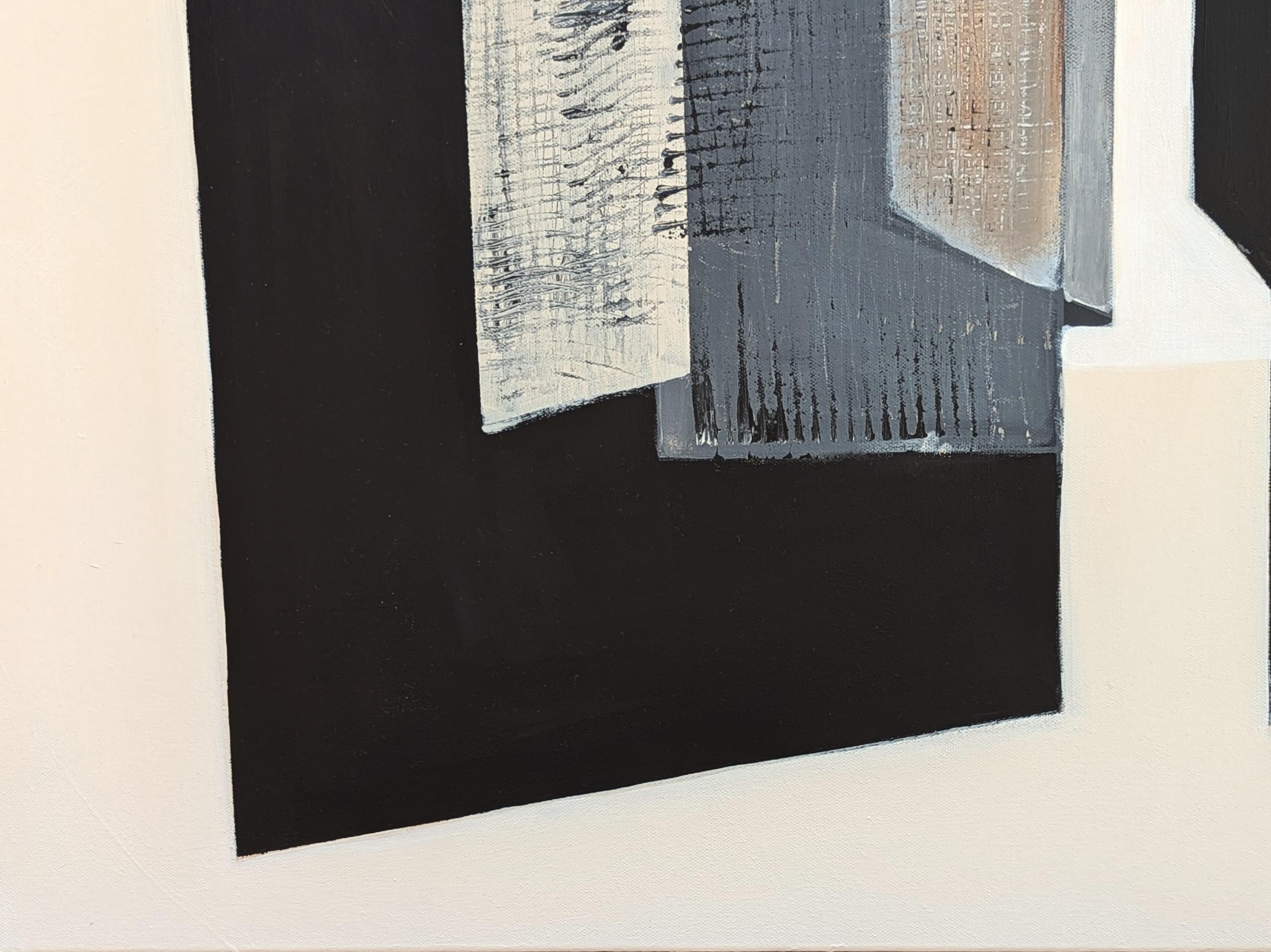 Pittura contemporanea astratta geometrica dai toni neutri in nero, grigio e marrone in vendita 1
