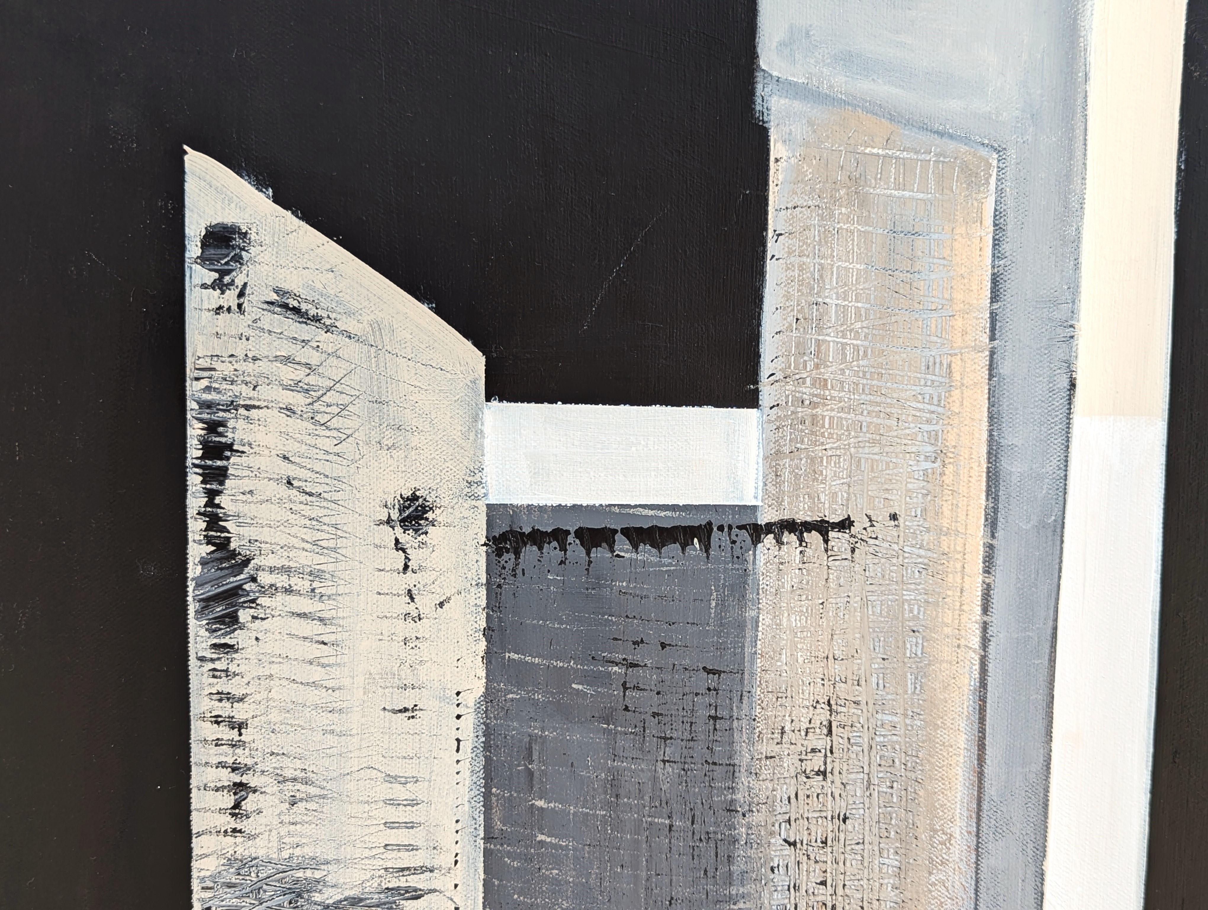 Pittura contemporanea astratta geometrica dai toni neutri in nero, grigio e marrone in vendita 2