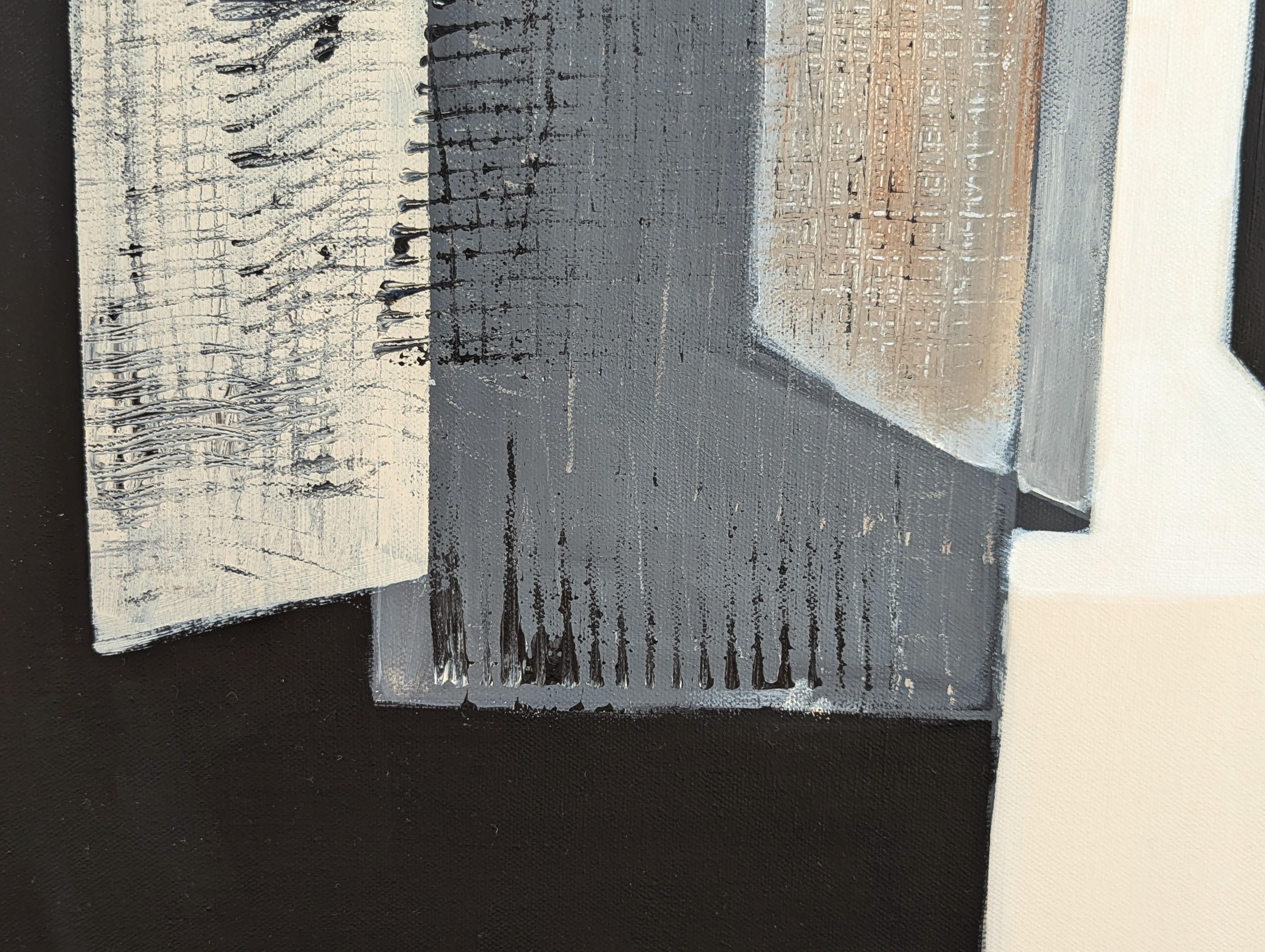 Pittura contemporanea astratta geometrica dai toni neutri in nero, grigio e marrone in vendita 4