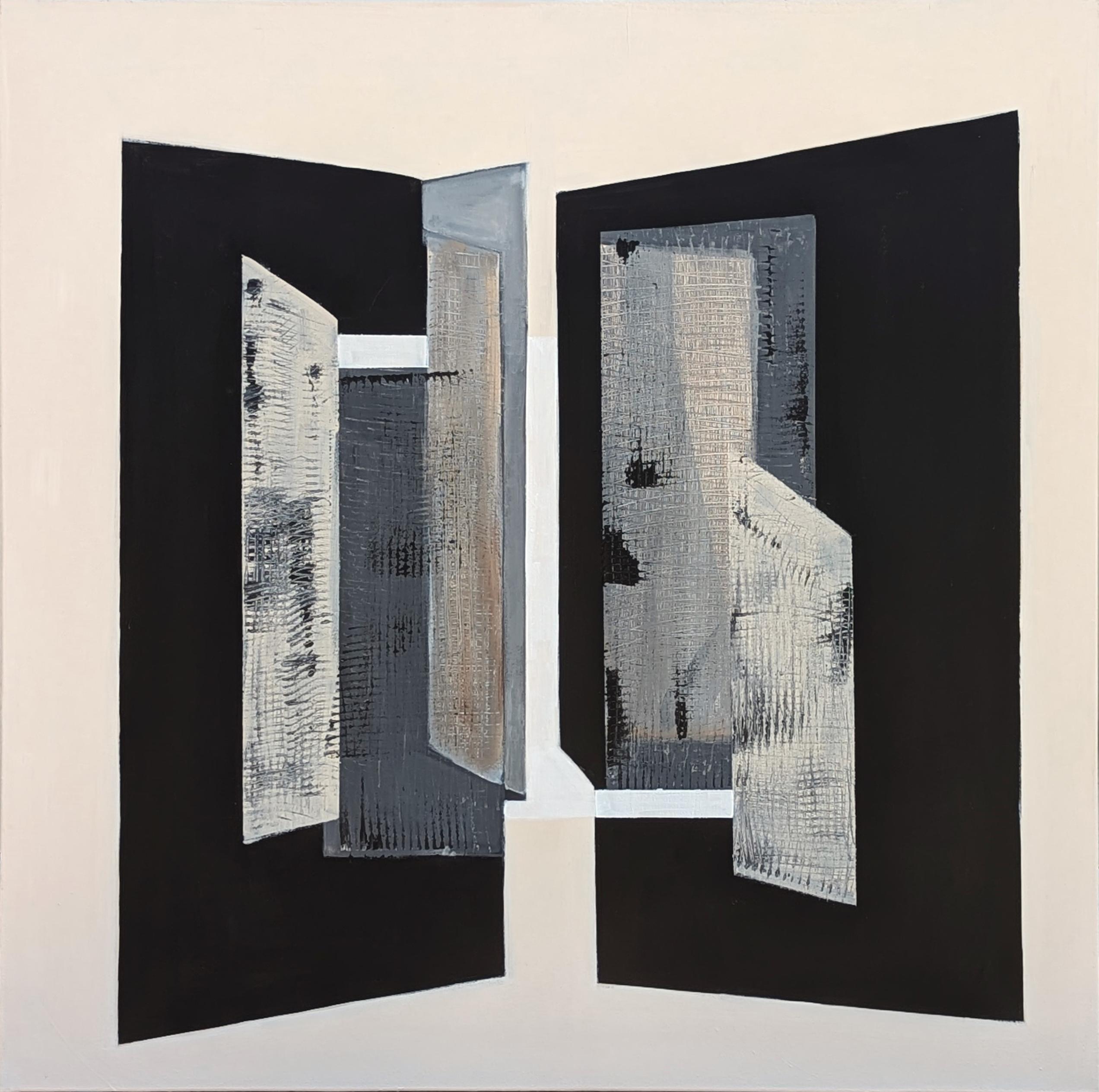 Abstract Painting di Stephanie Beukers - Pittura contemporanea astratta geometrica dai toni neutri in nero, grigio e marrone
