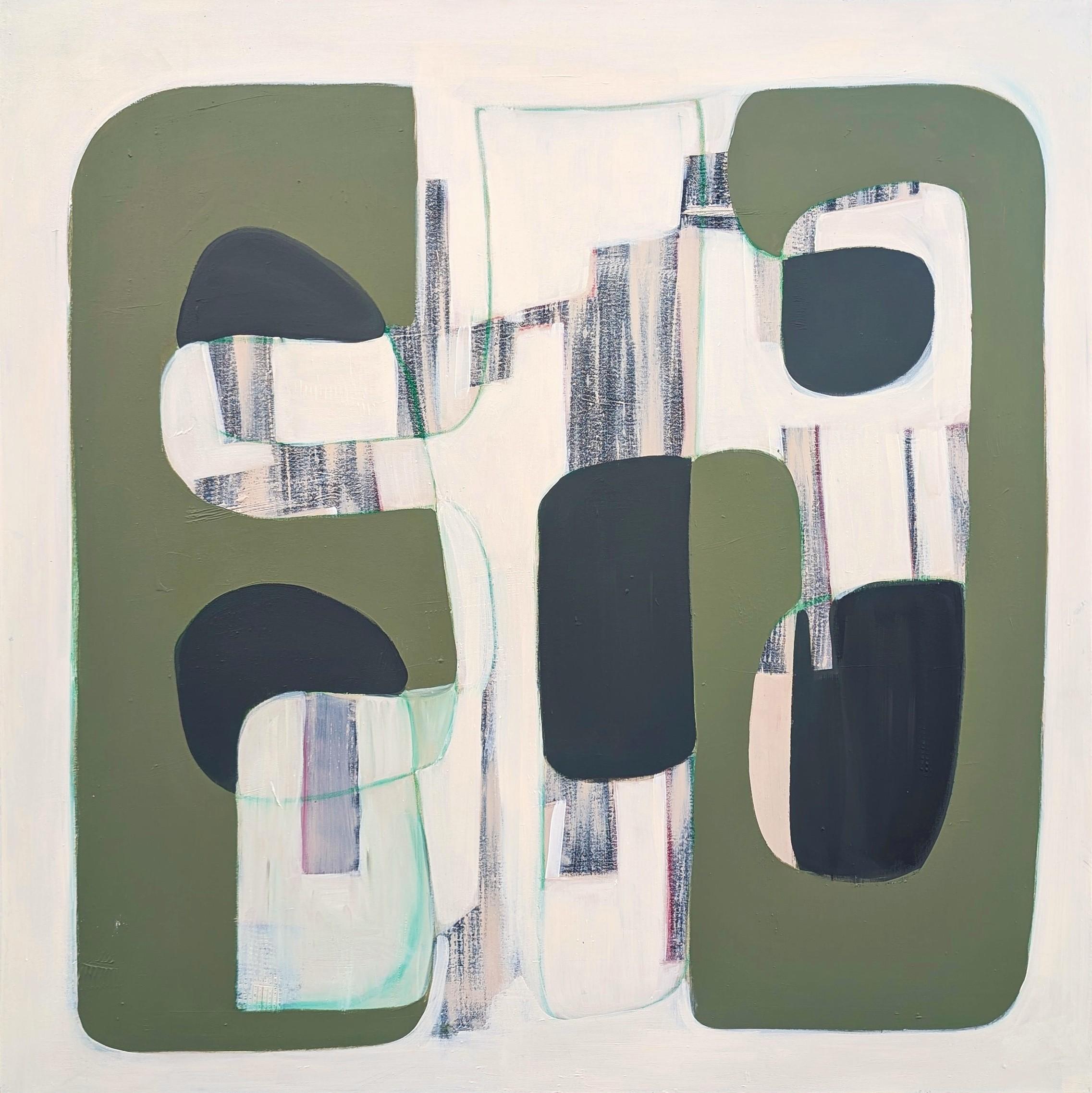 Contemporary Green, Teal, Tan, & Black Geometric Hard-Edge Abstract Painting