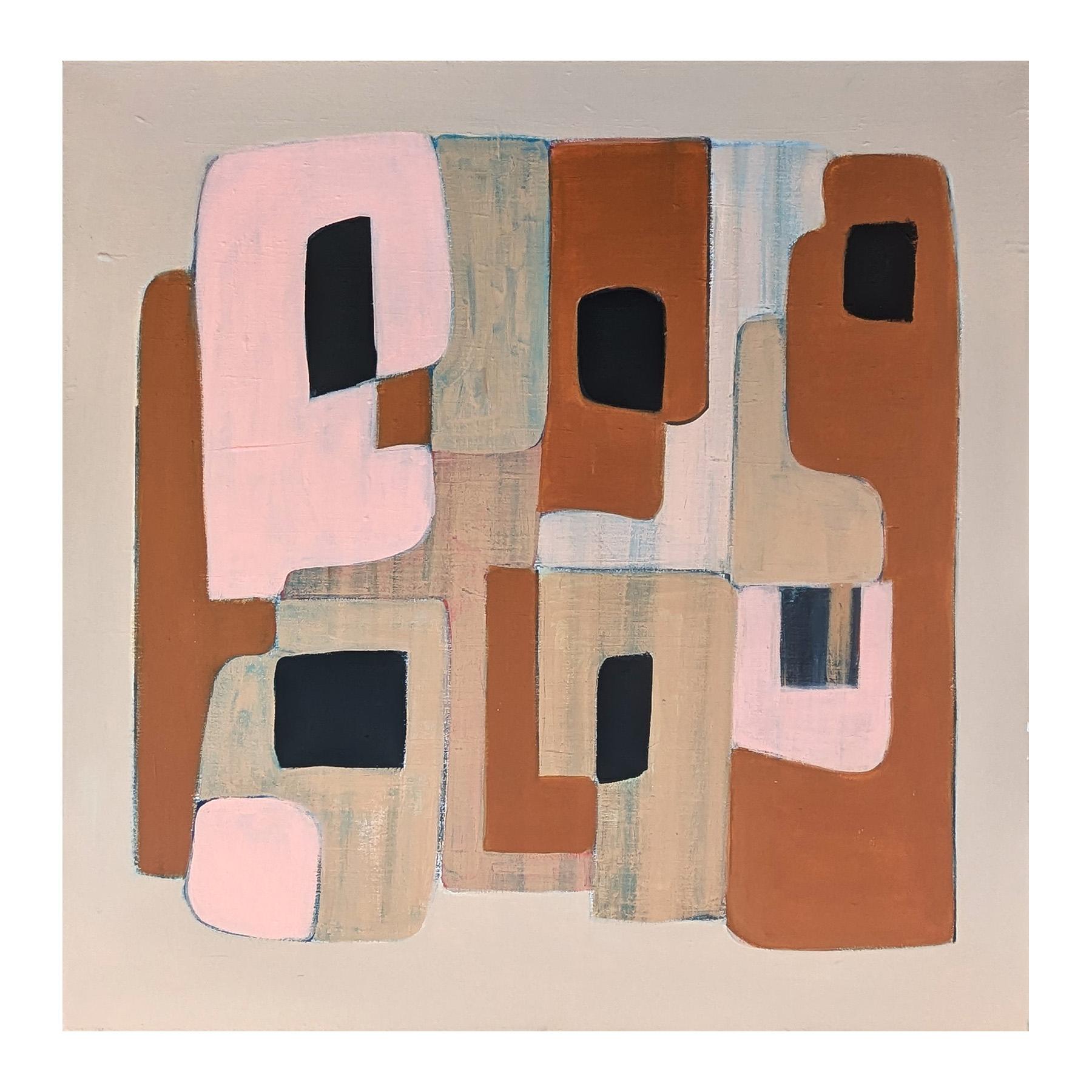 Pittura astratta geometrica contemporanea con bordi rigidi di colore rosa, marrone e marrone. - Painting di Stephanie Beukers