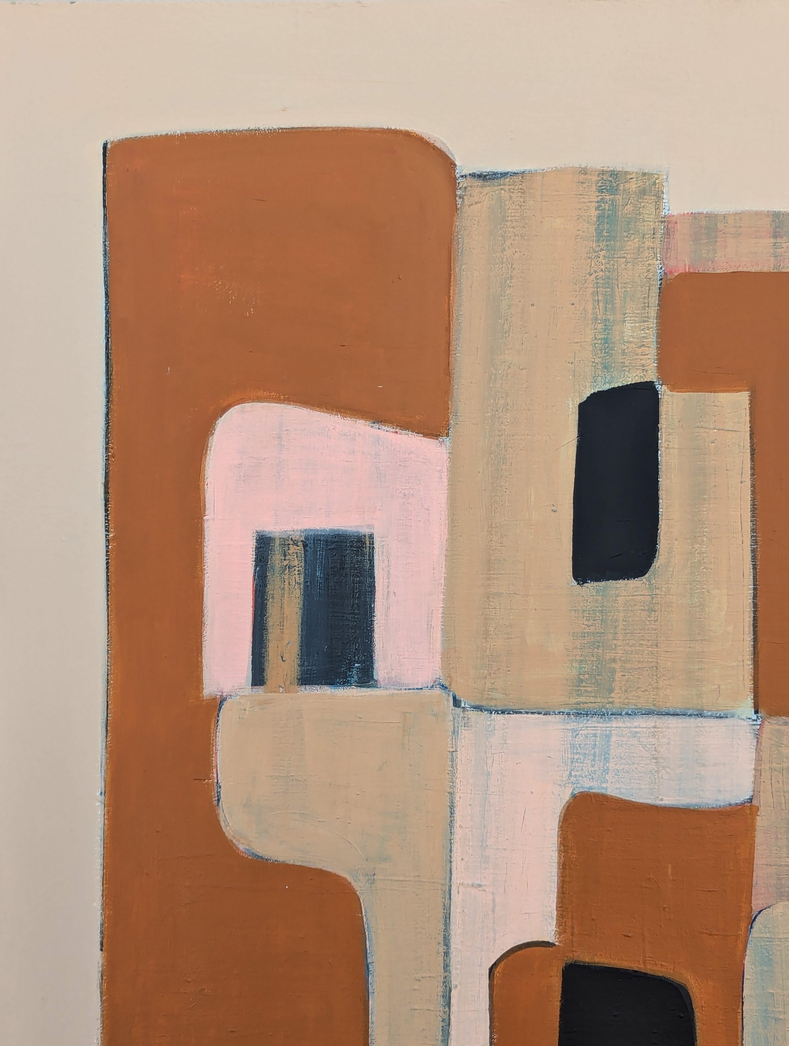 Pittura astratta geometrica contemporanea con bordi rigidi di colore rosa, marrone e marrone. - Painting Astrattismo geometrico di Stephanie Beukers