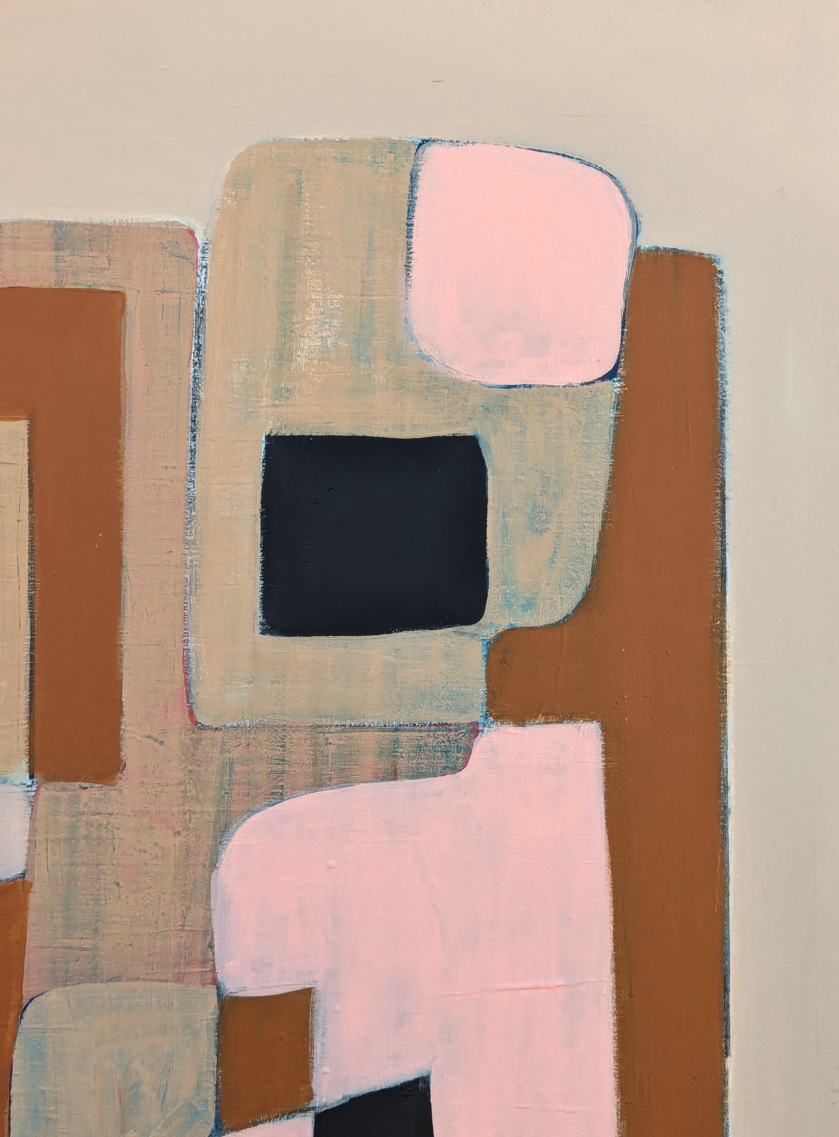 Pittura astratta geometrica contemporanea con bordi rigidi di colore rosa, marrone e marrone. - Abstract Painting Beige di Stephanie Beukers