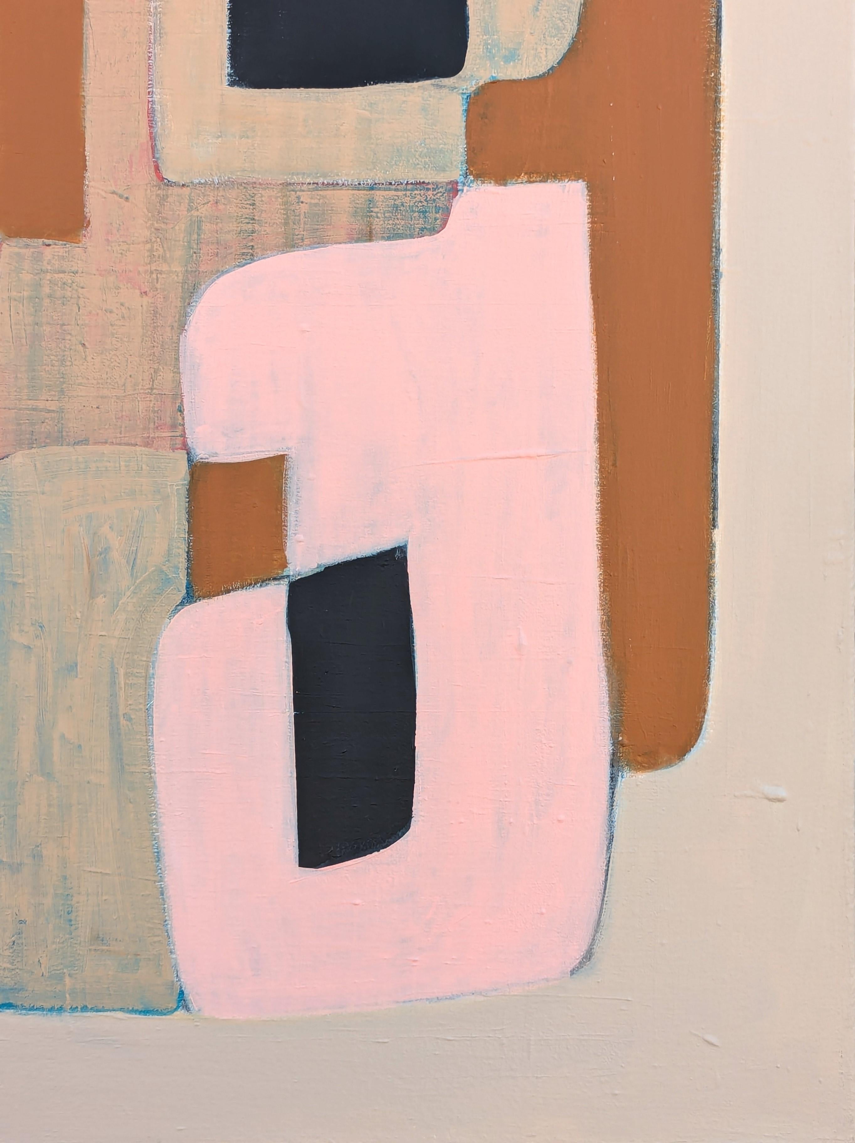 Quadro astratto geometrico dell'artista contemporanea Stephanie Beukers. L'opera è caratterizzata da strati di forme spigolose in rosa, marrone, nero e marrone scuro su uno sfondo chiaro. Firmato sul retro. Attualmente non è incorniciato, ma sono