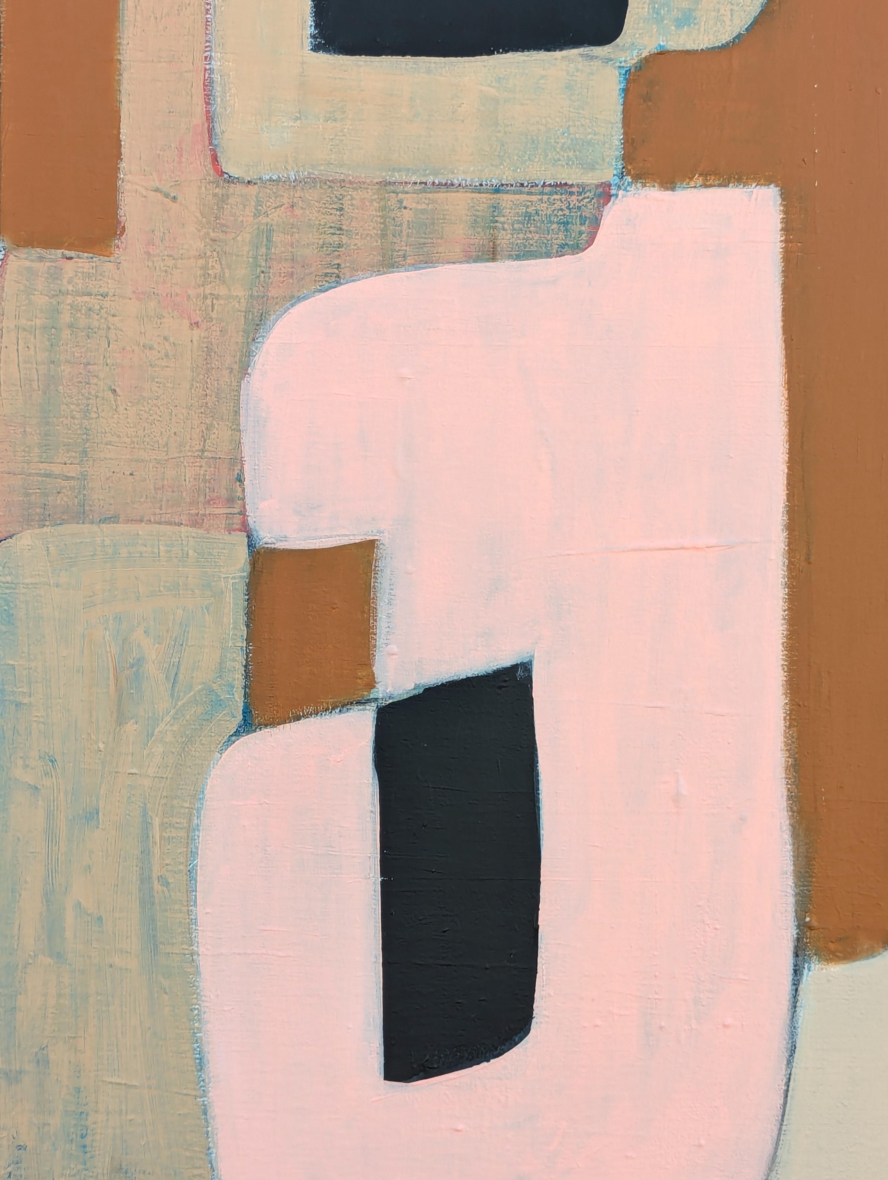 Pittura astratta geometrica contemporanea con bordi rigidi di colore rosa, marrone e marrone. in vendita 2