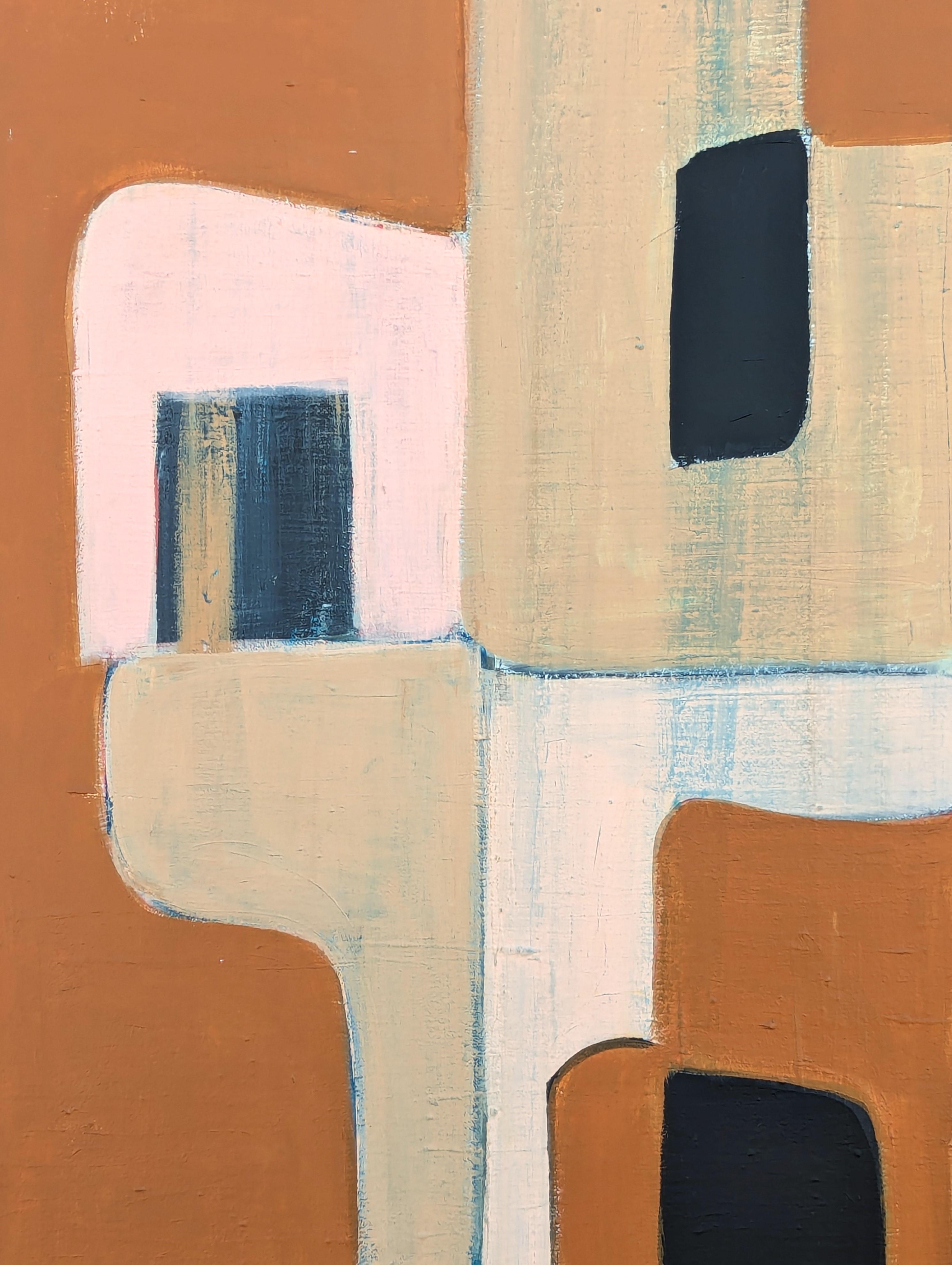 Pittura astratta geometrica contemporanea con bordi rigidi di colore rosa, marrone e marrone. in vendita 3