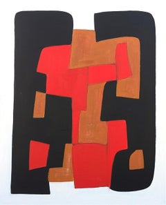 Contemporary Red, Brown, Tan, and Black Geometric Hard-Edge Abstract Painting 1