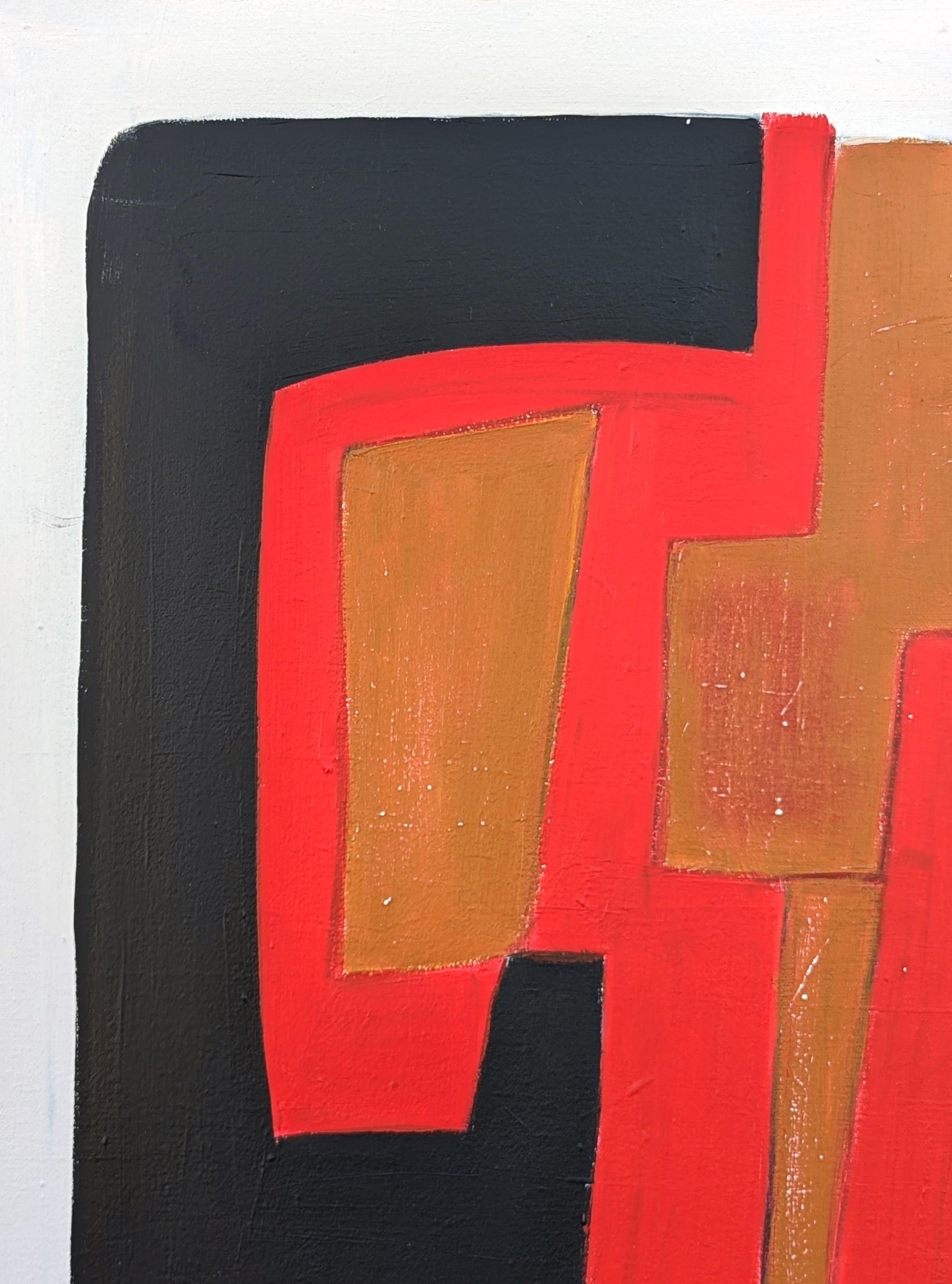 Geometric abstract painting by contemporary artist Stephanie Beukers. The work features layers of hard-edged shapes in red, brown, tan, and black set against a light background. Currently unframed, but options are available.

Artist Biography: