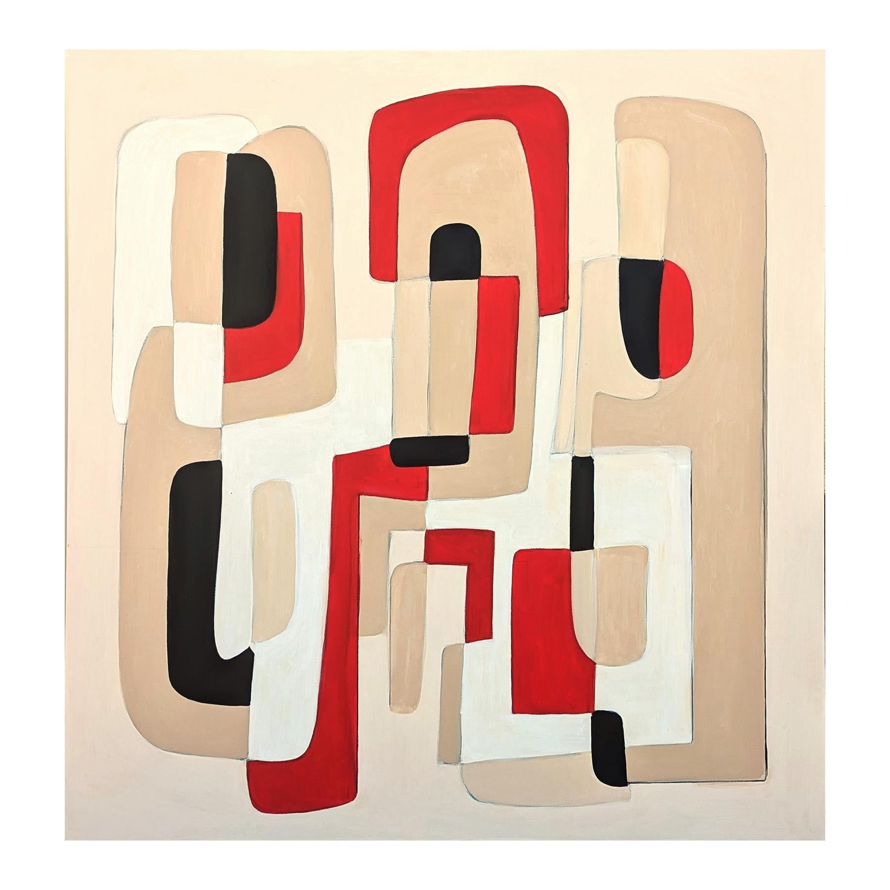 Contemporary Red, White, Tan, and Black Geometric Hard-Edge Abstract Painting - Abstract Geometric Mixed Media Art by Stephanie Beukers