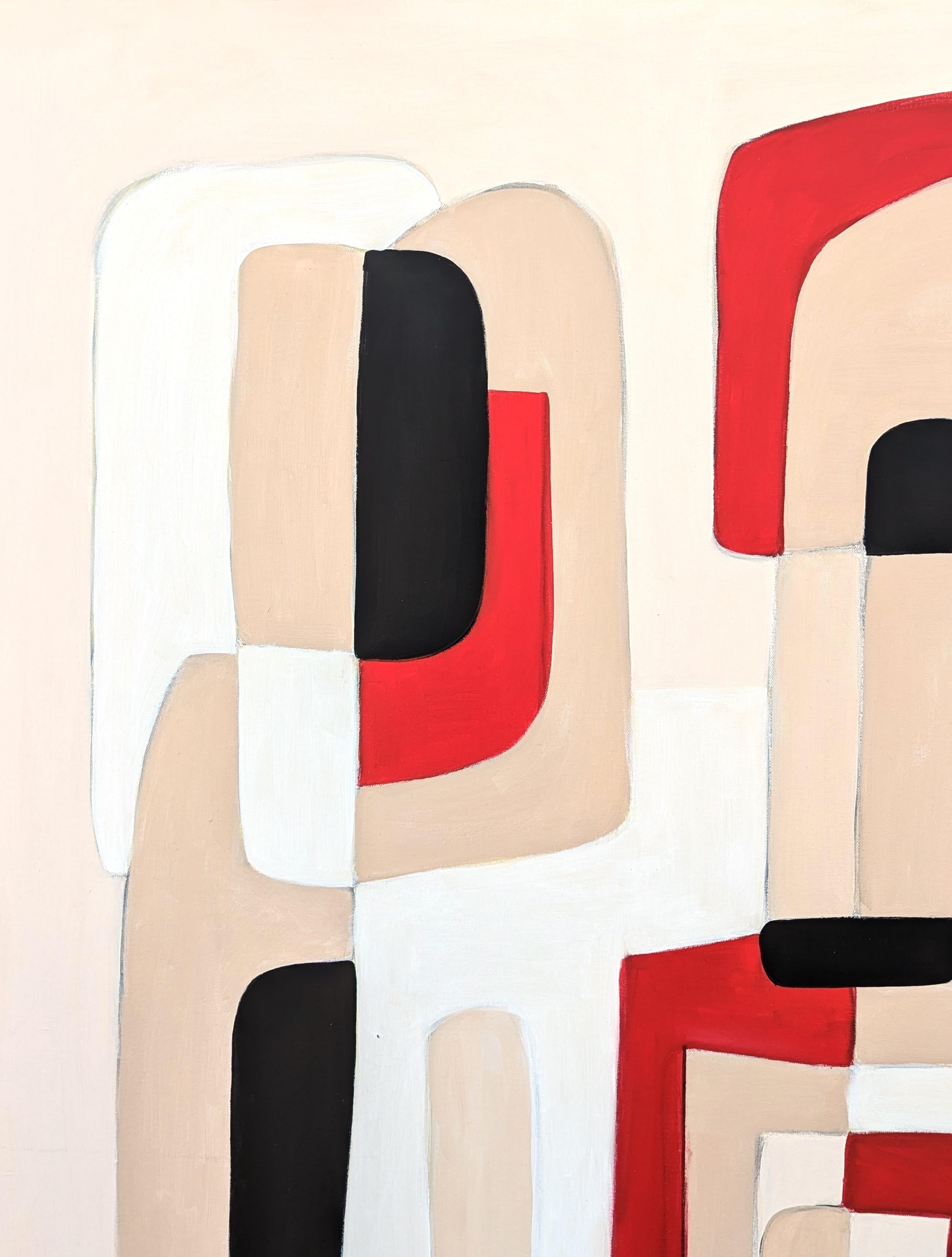 Geometric abstract painting by contemporary artist Stephanie Beukers. The work features layers of hard-edged shapes in red, white, tan, and black set against a light background. Currently unframed, but options are available.

Artist Biography:
