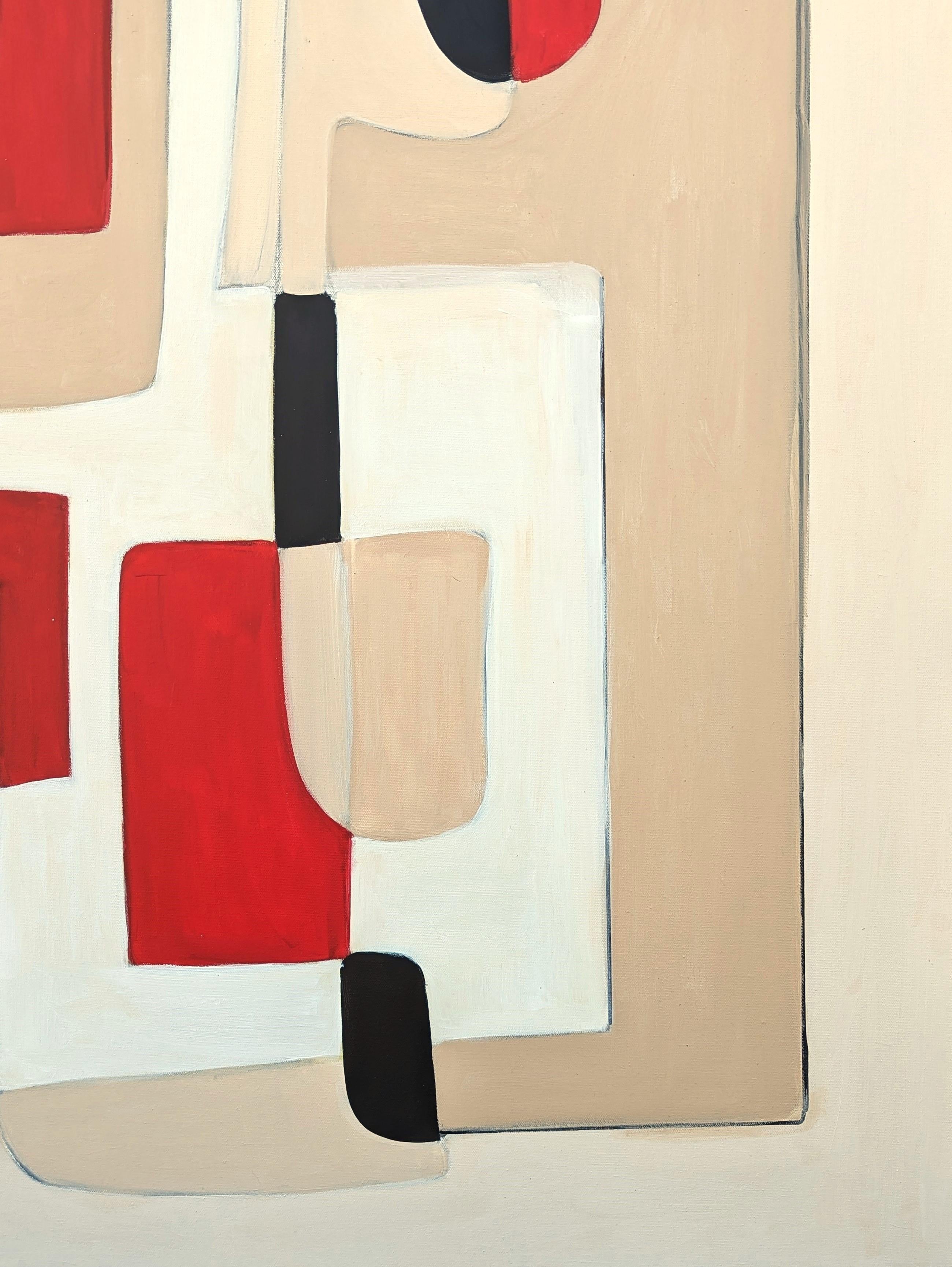 Contemporary Red, White, Tan, and Black Geometric Hard-Edge Abstract Painting For Sale 2
