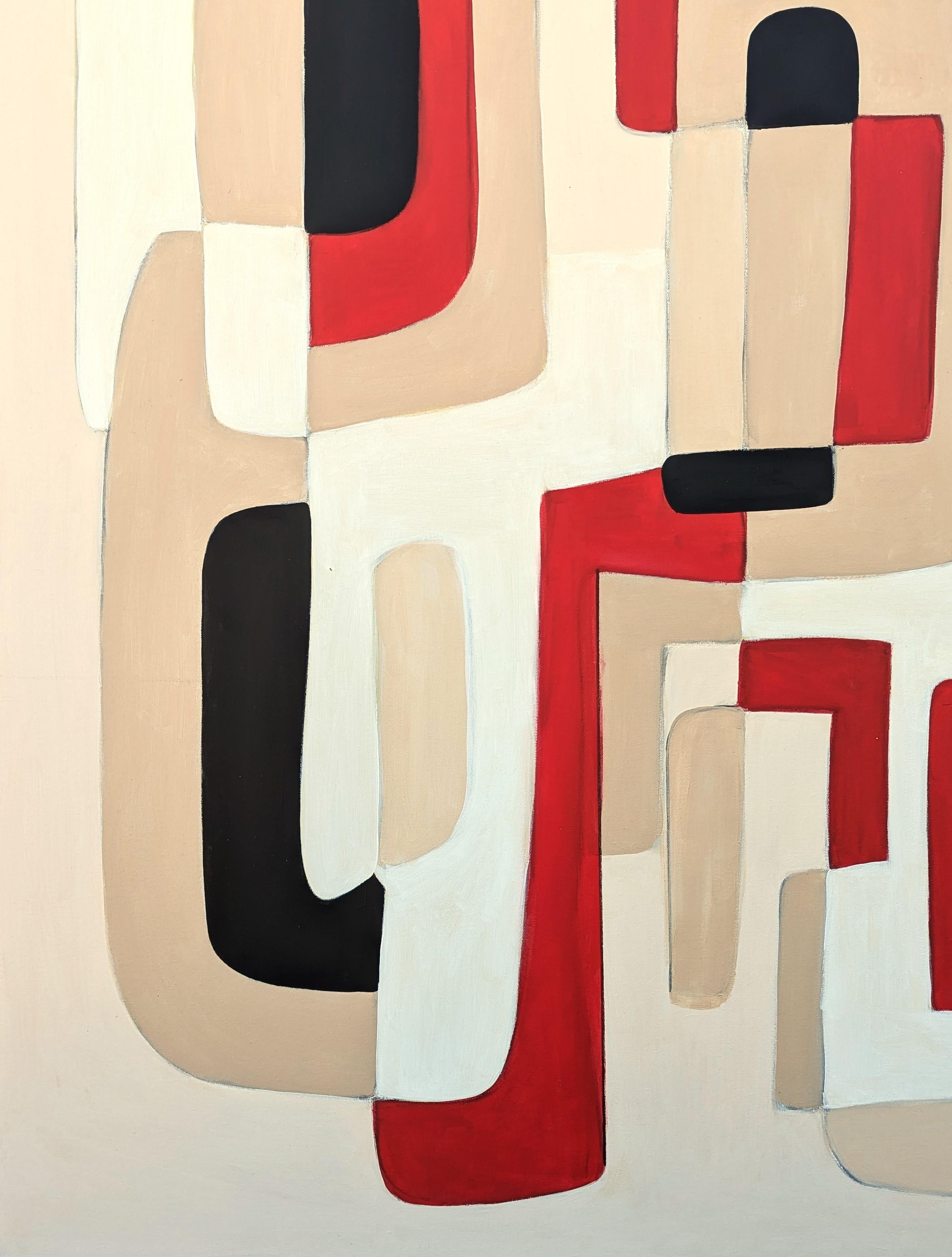 Contemporary Red, White, Tan, and Black Geometric Hard-Edge Abstract Painting For Sale 3