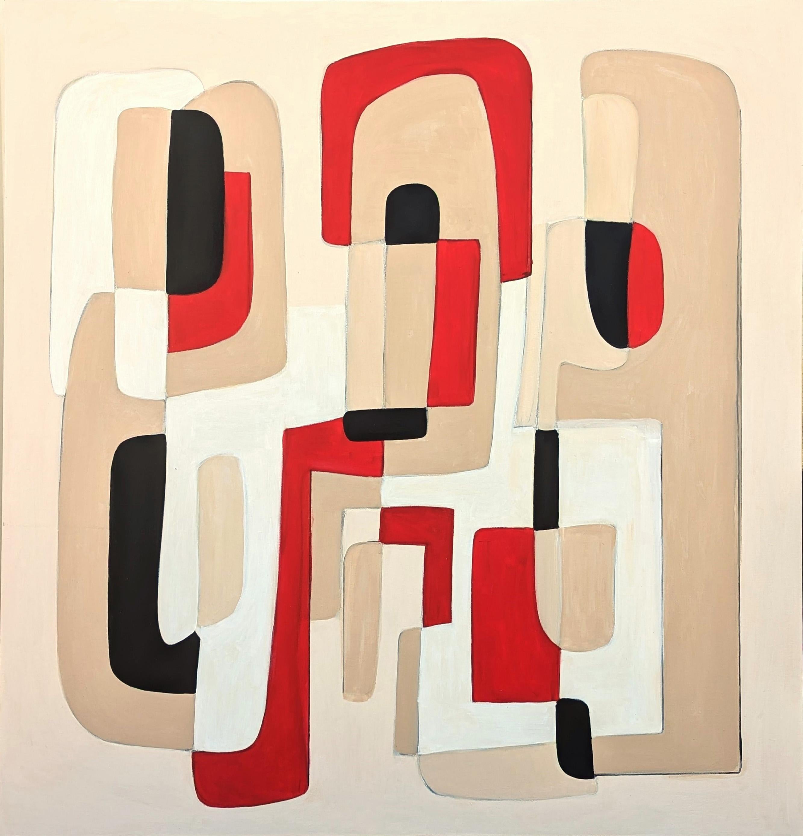 Quadro astratto geometrico contemporaneo con bordi rigidi di colore rosso, bianco, marrone e nero