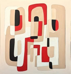 Peinture abstraite géométrique contemporaine à bords durs rouge, blanc, havane et noir