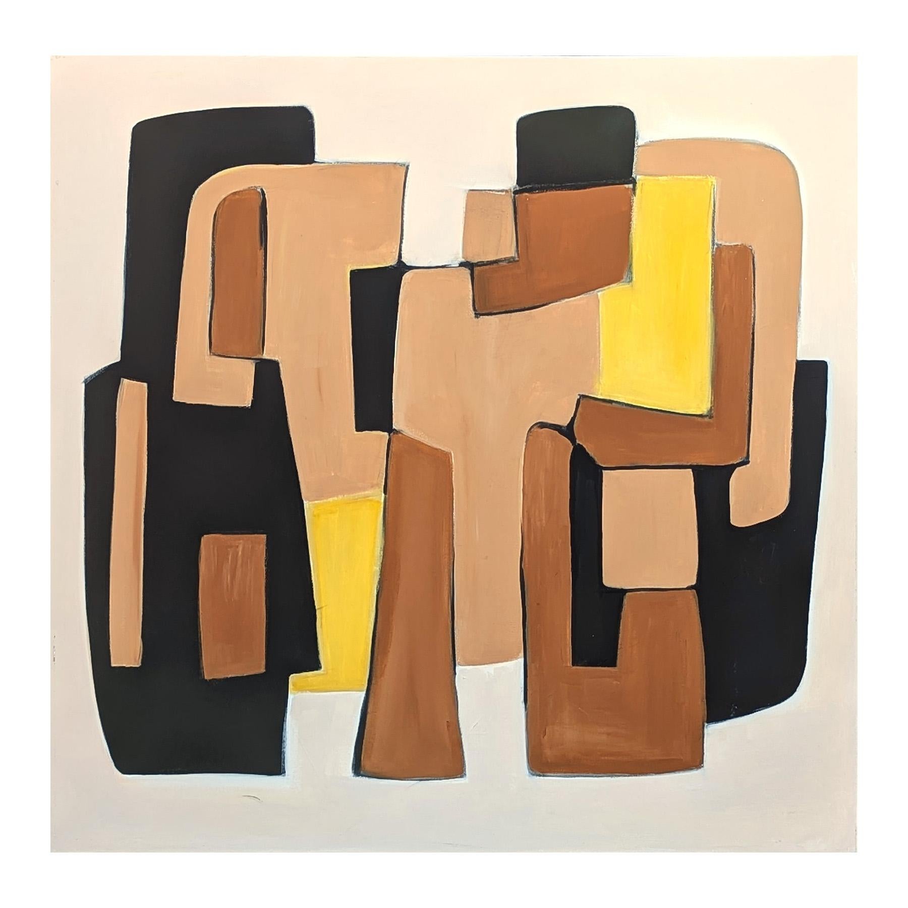 Pittura astratta geometrica contemporanea con bordi rigidi di colore giallo, marrone e marrone. - Mixed Media Art Astrattismo geometrico di Stephanie Beukers