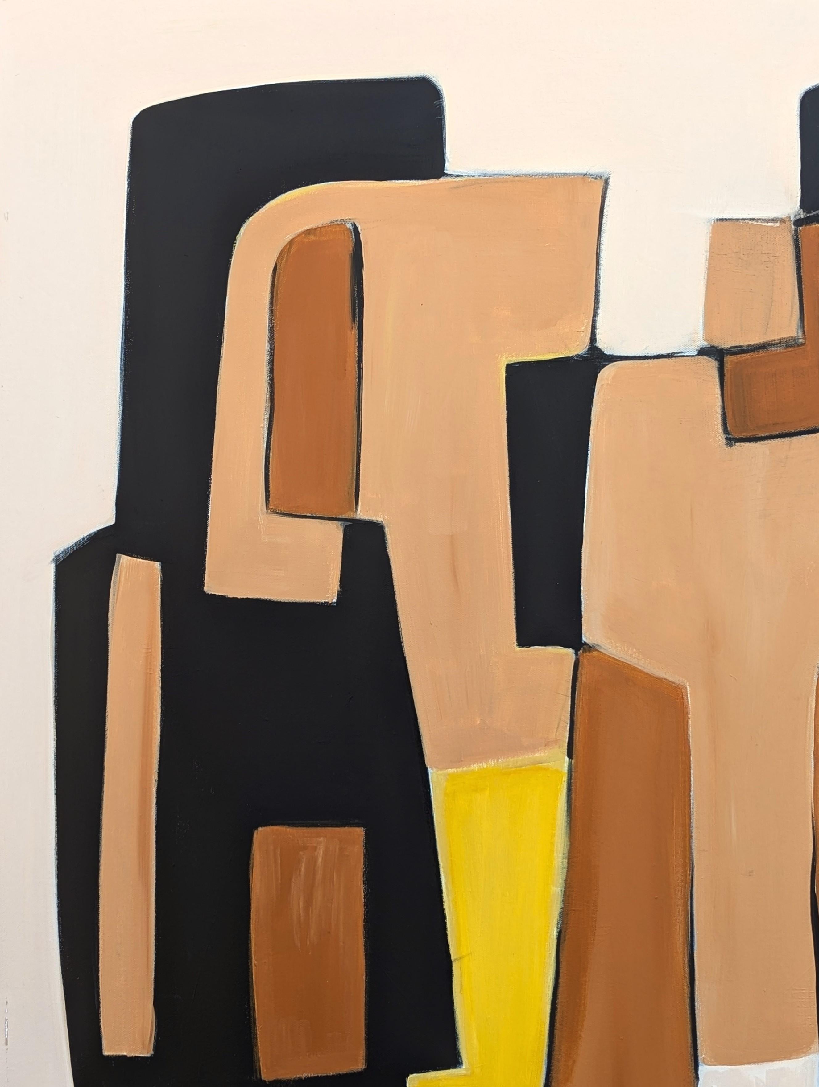 Geometrisch abstrakte Malerei der zeitgenössischen Künstlerin Stephanie Beukers. Das Werk zeigt Schichten von hartkantigen Formen in Gelb, Braun, Schwarz und Hellbraun vor einem hellen Hintergrund. Rückseitig signiert und datiert. Derzeit ungerahmt,