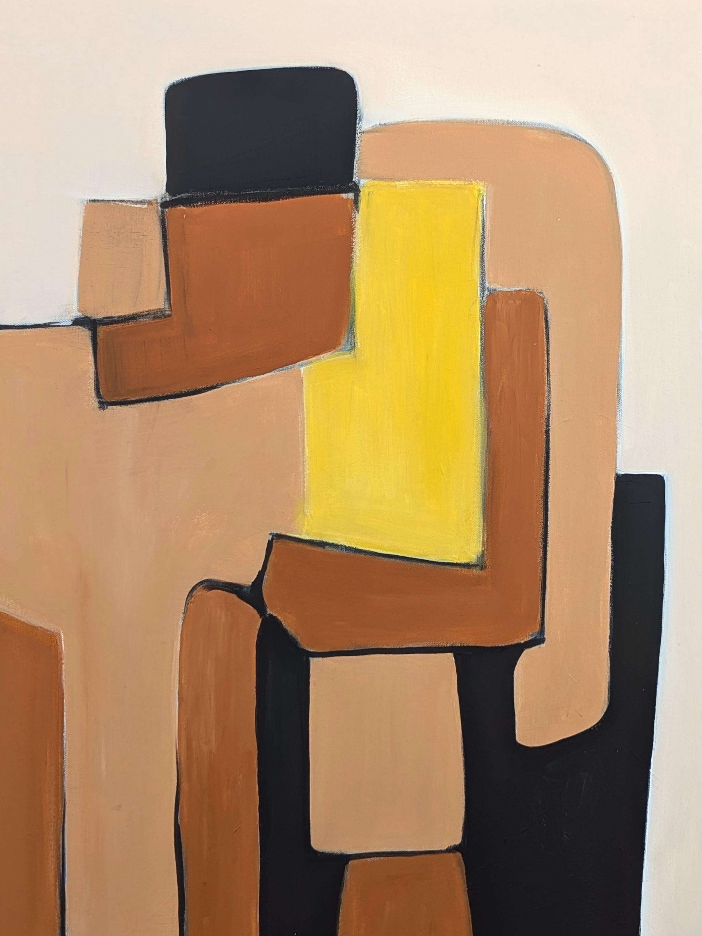 Pittura astratta geometrica contemporanea con bordi rigidi di colore giallo, marrone e marrone. in vendita 1