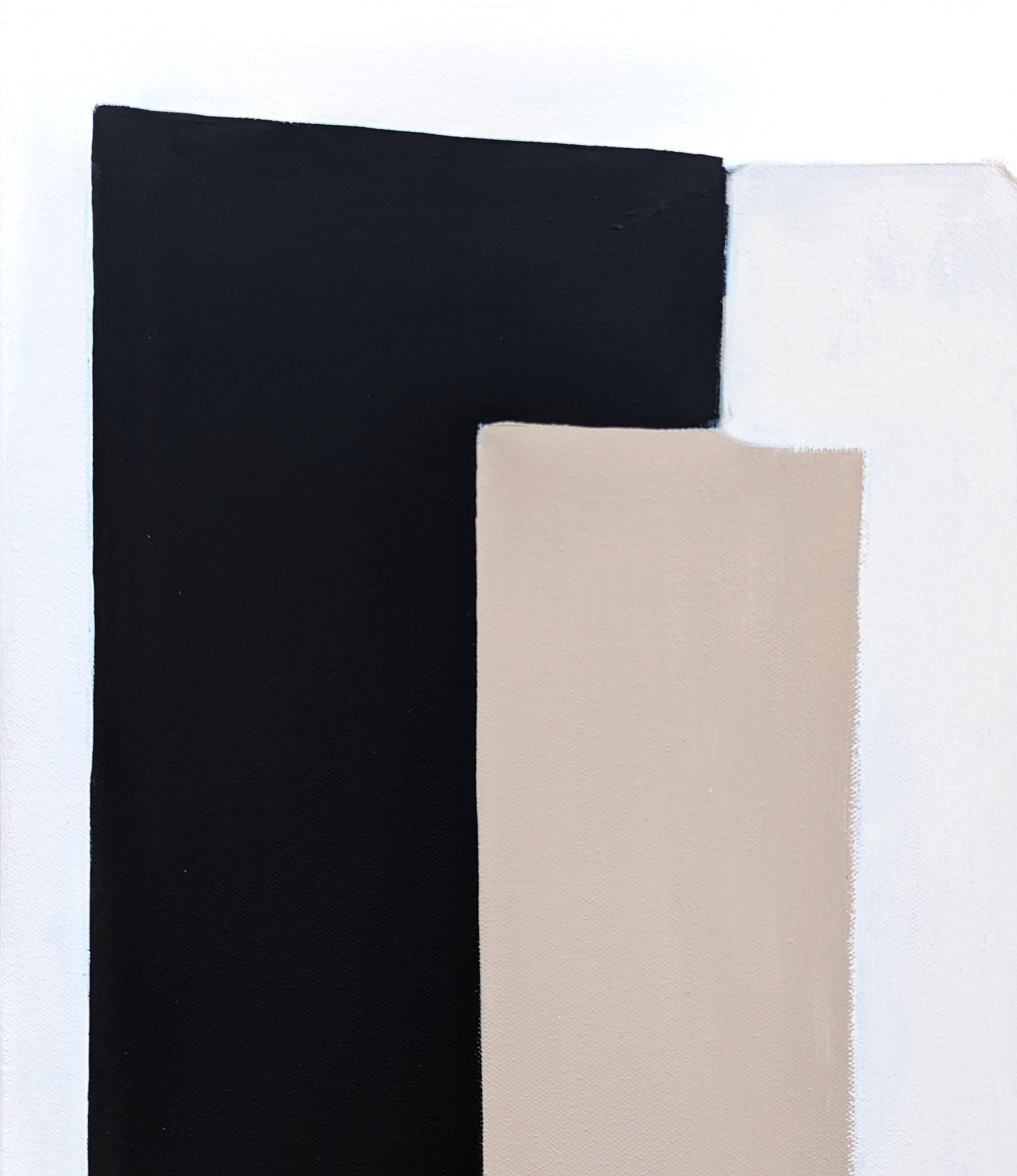 Peinture abstraite géométrique de l'artiste contemporaine Stephanie Beukers. L'œuvre présente des couches de formes arrondies en noir et en beige sur un fond clair. Signé et titré au verso. Actuellement non encadré, mais des options sont
