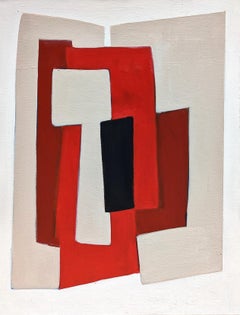 “Formes et Couleurs” Red, Black, & Tan Contemporary Geometric Abstract Painting