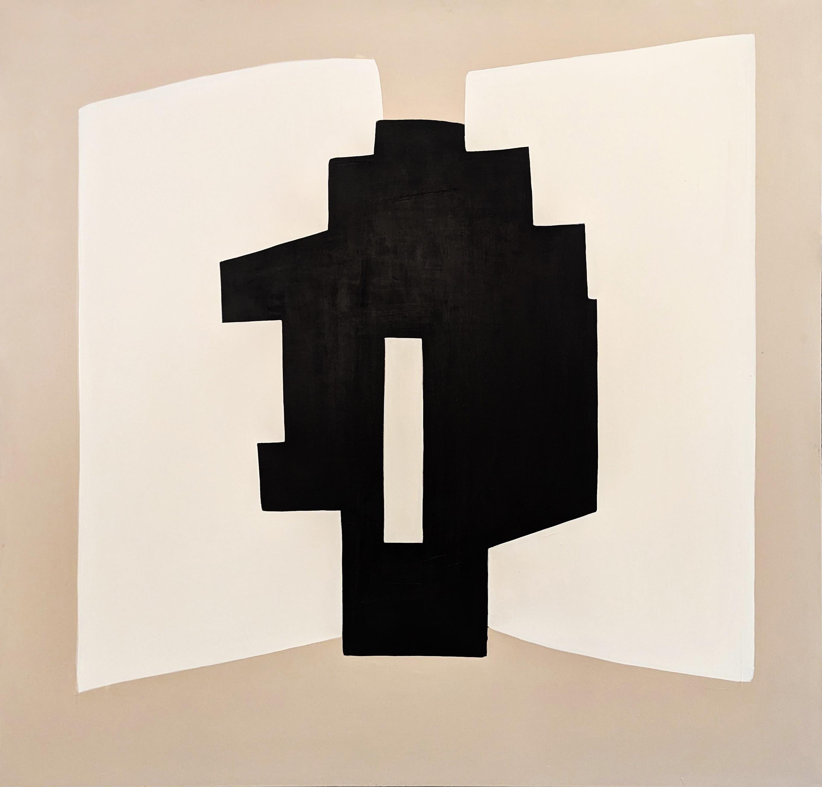 Stephanie Beukers Landscape Painting – "Formes et Space" Schwarz & Tan Contemporary Geometric Abstract Hard-Edge Painting