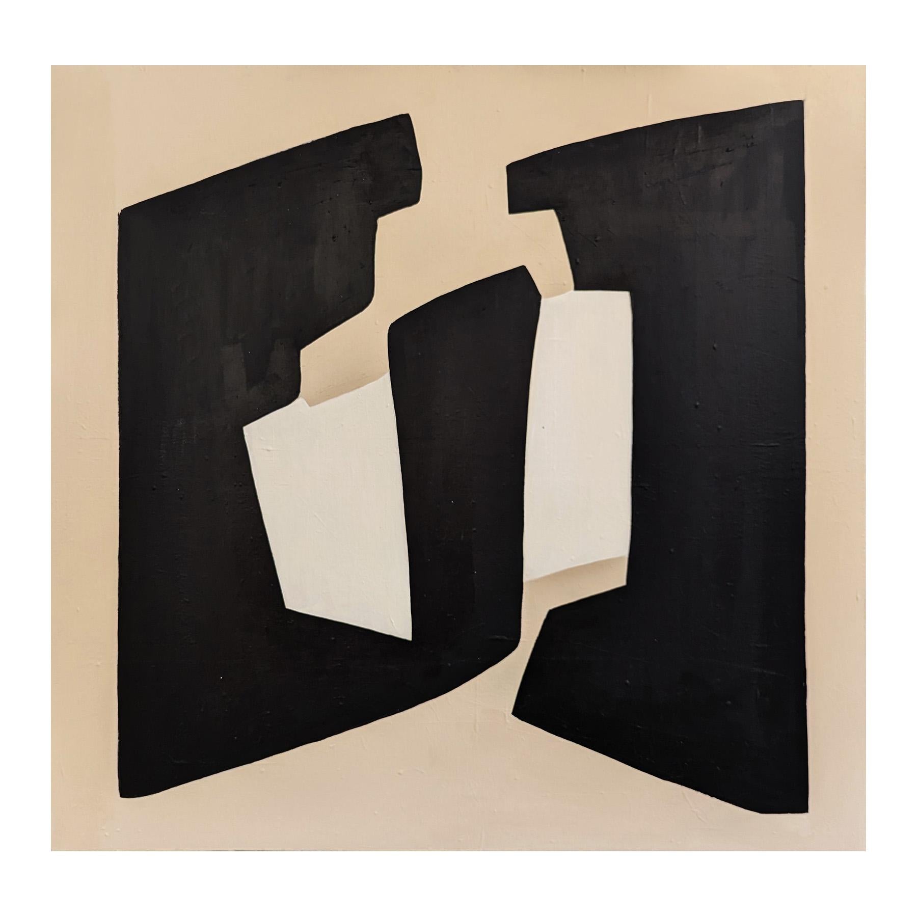 Geometric abstract painting by contemporary artist Stephanie Beukers. The work features layers of hard-edged shapes in black and tan set against a light background. Signed and titled on the reverse. Currently unframed, but options are